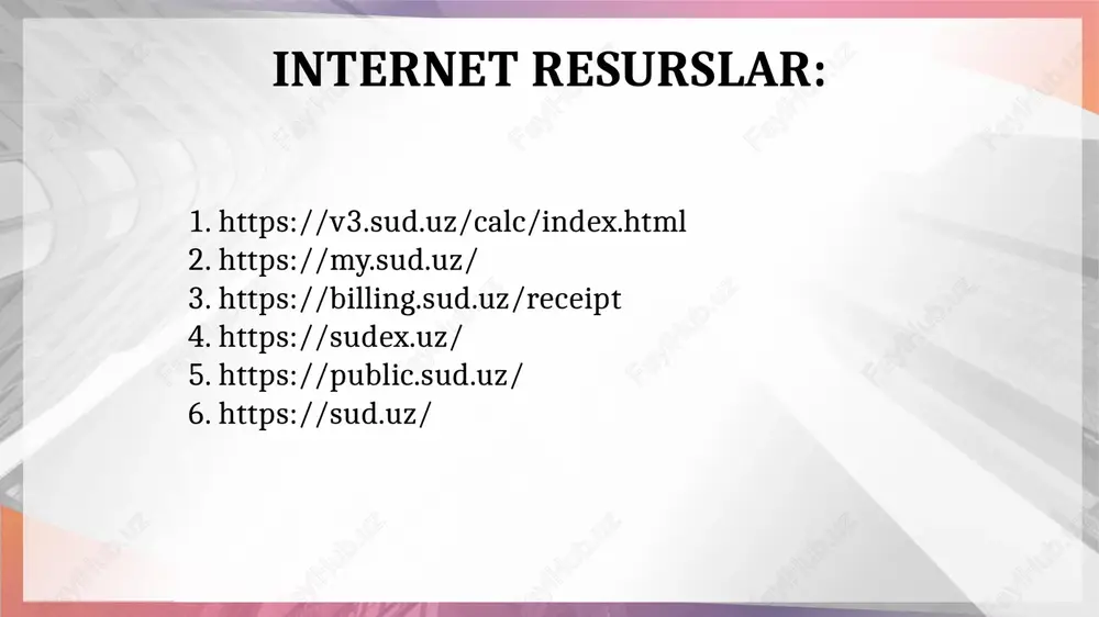 r yuzasidan o’zbekiston respublikasi «davlat boji to’g’risida»gi qonunga ko’ra, 43 ta holatda fuqarolik sudlariga murojaat etishda davlat boji to’lashdan ozod etilgan. ishni ko’rish bilan bog’liq bo’lgan chiqimlar: (fpkning 132-moddasi) 01 03 05 02 04 joyida ko‘zdan kechirish bilan bog‘liq bo‘lgan xarajatlar sud xabarnomalarini va sud hujjatlarini yuborish bilan bog‘liq pochta xarajatlari guvohlarga, ekspertlarga, mutaxassislarga, tarjimonlarga to‘lanishi lozim bo‘lgan summalar fpkning 165-moddasida nazarda tutilgan hollarda javobgarni qidirish uchun qilingan xarajatlar sud majlisini videokonferensaloqa rejimida o‘tkazish bilan bog‘liq xarajatlar 06 sud tomonidan tan olingan boshqa zarur xarajatlar sud majlisini videokonferensaloqa rejimida o‘tkazish bilan bog‘liq xarajatlarning miqdori bhmning 25 foiz miqdorida belgilanadi. sud xarajatlarini taraflar o‘rtasida taqsimlash hal qiluv qarori qaysi tarafning foydasiga chiqarilgan bo‘lsa, sud shu tarafga ikkinchi tarafdan, garchi bu taraf davlat daromadiga tushadigan sud xarajatlarini to‘lashdan ozod etilgan bo‘lsa-da, ish bo‘yicha qilingan hamma xarajatlarni undirib beradi. protsessual majburlov choralari fuqarolik ishlarini sudda ko'rishda barcha protsess ishtirokchilari tegishli protsessual tartib-intizomga rioya …