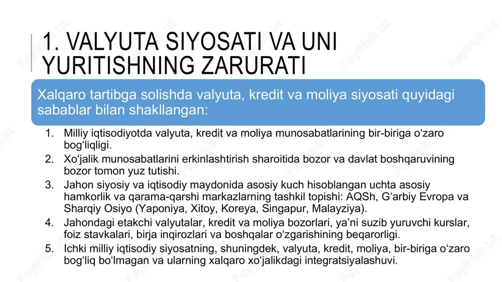 evalvatsiya - milliy valyutaning chet el valyutalariga yoki xalqaro hisob-kitob pul birliklariga nisbatan qadrining tushishidir. ya’ni, ayni paytda 1 usd = 2200 uzs bo‘lsa, ma’lum bir muddat, masalan 6 oydan so‘ng 1 usd = 2300 uzs bo‘lishi, milliy valyutaning xorijiy valyutaga nisbatan devalvatsiyasi hisoblanadi. devalvatsiyaning kelib chiqishiga sabab bo‘lib, inflyatsiyaning kuchayishi va mamlakat to‘lov balansining salbiy qoldiqqa ega bo‘lishi hisoblanadi. devalvatsiya siyosati mamlakat to‘lov balansi yomonlashganda va mamlakatga import oqimi sezilarli darajada ko‘payganda amalda qo‘llash iqtisodiyotga ijobiy ta’sir etadi. 2. revalvatsiya . revalvatsiya — milliy valyutaning chet el valyutalariga yoki hisob-kitob pul birliklariga nisbatan qadrini oshirishdir. revalvatsiya qadri kuchli valyutalarga nisbatan qo‘llaniladi. inflyatsiyaning nihoyatda past darajada bo‘lishi, uzoq vaqt davomida mamlakat to‘lov balansining aktiv bo‘lishi, hamda milliy firma va kompaniyalarning jahon savdo bozorida raqobatbardoshligining ortishi, revalvatsiyani keltirib chiqaradi. revalvatsiya devalvatsiyaga nisbatan jahon amaliyotida kamroq qo‘llaniladi. 2. valyutaviy cheklashlar . valyutaviy cheklashlar deganda, chet el valyutasi hamda valyuta qimmatliklari bilan bo‘ladigan …
