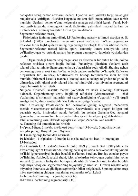 30 soniyadan keyin nuqtadagi kuchli ogriq yo’qoladi, yoqimli uvishish hissi paydo bo’ladi. nuqtada ogriq yo’qolishi bilan boshdagi ogriq ham yo’qoladi. albatta , nuqta to’gri topilgan va qo’zgatilgan bo’lsa. agar ogriq nuqtasini topolmagan bo’lsangiz, uning foydasi ham kamroq – 90-95% bo’ladi. ba’zan ogriq unchalik kuchli bo’lmaganda, 5-6 soniya bosish kifoya, boshqa hollarda 3-5 daqiqa ham talab qilinadi. uqalashni nuqtani qattiq-qattiq bosib ham amalga oshirsa bo’ladi, shu bilan birga, soat chizigi yo’nalishi bo’ylab qarama-qarshi yo’nalishda doiraviy harakatlar bilan uqalash mumkin. oddiy va o’tkir kasalliklarni davolash uchun bunday seanslarning bittasi ham etarli. agar kasallik surunkali bo’lsa, u holda seanslar sonini 7-10 tagacha etkazish kerak va ogriq beradigan nuqtalarni har kuni 3-4 soat oralatib 3-5 daqiqadan uqalab turish lozim. davo samaradorligini yanada oshirish uchun kaftdagi ogriq beruvchi nuqtalarga don qum zarralari, kichik toshlarni leykoplastir bilan yopishtirib qo’yib, ularni kun davomida doimiy ravishda bosib, har kuni yangisiga almashtirib turish kerak. boshning chakka yoki `ensa qismlari …
