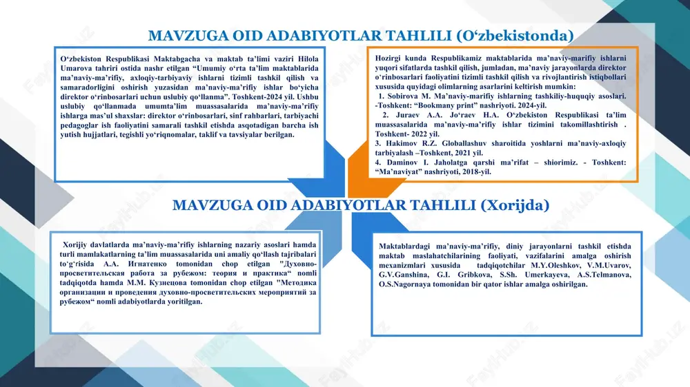 ida madaniy va hordiq chiqarish tadbirlarini tashkil etish 3 o‘quvchilarga vatanga bo‘lgan sadoqat milliy g‘urur va iftixor tuyg‘ularini yanada kuchaytirish, kitobxonlik madaniyatini oshirish, buyuk ajdodlar jasorati hamda harbiy vatanparvarlik ruhida tarbiyalashga qaratilgan tadbirlar tashkil qiladi.. singapurda ma’naviy tarbiya va shaxsni rivojlantirish, qiyinchiliklarni yengish, hayotiy ko‘nikmalarni rivojlantirish va stress darajalariga dosh berishga yordam beradigan rag‘batlantiruvchi tadbirlar tashkil etadi o‘quvchi yoshlarning intelektual salohiyatini oshiruvchi tadbirlar tashkil etish. xulosa 1. o‘quvchilar qalbida xalqimizga xos bo‘lgan yuksak ma’naviy fazilatlarni shakllantirish va rivojlantirishga qaratilgan sa’y-harakatlar muvofiqlashtiriladi. 2. maktablarda ma’naviy-ma’rifiy ishlarning ta’sirchanligini oshirish va ularni bugungi kun talablari bilan uyg‘unlashtirish orqali o‘quvchilar ongida ma’naviy immunitet mustahkamlanadi. 3. ota-onalarning huquqiy ongi va madaniyatini rivojlantirish orqali ularning farzand ta’lim-tarbiyasiga mas’uliyati oshiriladi. 4. ta’lim-tarbiya jarayonida maktab pedagog xodimlar, o‘quvchilar hamda ota-onalar o‘rtasidagi o‘zaro hamkorlikning yangi mexanizmi joriy etilishi natijasida ma’naviy-ma’rifiy ishlar samaradorligiga erishiladi. takliflar 1. o‘quvchilarning muayyan ijtimoiy ehtiyojlarini hal qilishga yordam berish uchun “xavfsiz muhit” markazini tashkil qilish …