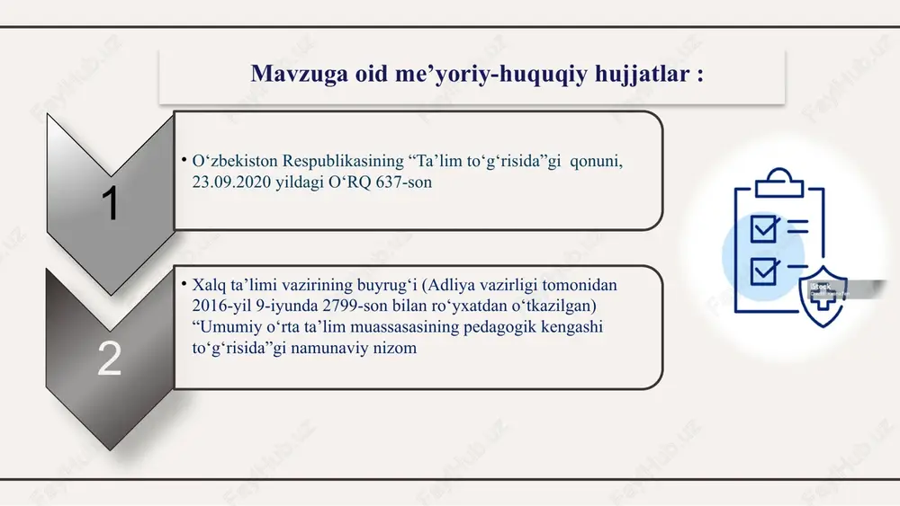 ri to‘laqonli bajarilmasligi pedagogik kengashning tarkibi va uning faoliyatini to‘g‘ri tashkil qilish, pedagogik kengashning huquq va majburiyatlarini bajarish maktab direktori, pedagogik kengash a’zolari yil davomida maktabda ko‘zlangan maqsadlarga o‘z vaqtida erishish va ta’lim sifatini samaradorligini oshirish chora tadbirlar rejasi taklif bu platformaga har chorakda bo‘ladigan navbatdagi pedagogik kengash jarayonini video fayli yuklanadi bu bizga tajriba almashish oshkoralikni taminlash va pedagogik kengashning huquq va majburiyatlarini to‘laqonli bajarishga olib keladi deb o‘ylayman. onlinepedkengash.uz platforma xulosa: xulosam shundaki agar pedagogik jamoada sog‘lom muhitni tashkil etsak, o‘qituvchilarga bilim malakasini oshirishda shart sharoit yaratib, amaliy yordam bersak, zerikarli yig‘ilishlardan voz kechib qarorlarni shaffof qabul qilish maktabda pedagogik kengash samaradorligini oshiradi deb o‘ylayman. e’tiboringiz uchun rahmat image1.png image2.png image3.jpeg image4.png image5.jpeg image6.jpeg image7.png image8.jpg image9.png