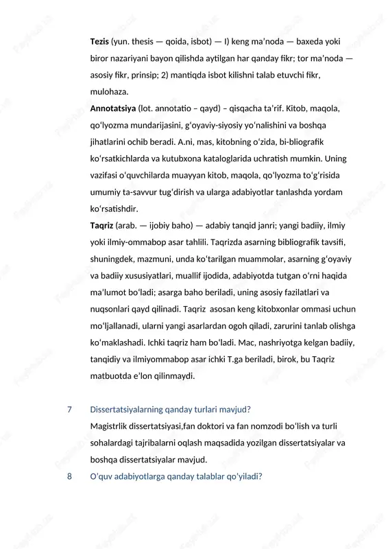 ommabop asar ichki t.ga beriladi, birok, bu taqriz matbuotda eʼlon qilinmaydi. 7 dissertatsiyalarning qanday turlari mavjud? magistrlik dissertatsiyasi,fan doktori va fan nomzodi bo‘lish va turli sohalardagi tajribalarni oqlash maqsadida yozilgan dissertatsiyalar va boshqa dissertatsiyalar mavjud. 8 o’quv adabiyotlarga qanday talablar qo’yiladi? ta’lim turlarining xususiyatlaridan va nashr shaklidan qat’i nazar, barcha o’quv adabiyotlariga qo’yiladigan asosiy talablar quyidagilar: muayyan fanning mohiyati, mazmuni va mavzularini fan dasturida belgilangan hajmlarda izchillik bilan yoritilishi, o’quv materiallarining mazkur fan orqali ta’lim oluvchilarga berilishi zarur bo’lgan bilim, malaka va ko’nikmalarni shakllantirishga qaratilgan tartibda tizimli bayon qilinishi; yuqori darajada umumlashtirilgan va zamonaviy bilimlarga asoslangan ma’lumotlar (qonunlar, ayniyatlar, tasniflar va hokazo)dan tashkil topishi, illyustratsiyalarga boy, zamonaviy ko’rgazmali tasvir va badiiy-uslubiy jihatdan amaliy faoliyatga qaratilgan bo’lishi; bilimlarning mutlaqligi va nisbiyligini yorqin ifodalashi; nazariy va amaliy ma’lumotlar maqbul, puxta, ravon, ijodiy va qiziqtiruvchan shaklda ifoda qilinishi, zarur hollarda fanga oid keng qamrovli misol va masalalar, uzoq va yaqin o’tmishdagi boy intellektual …