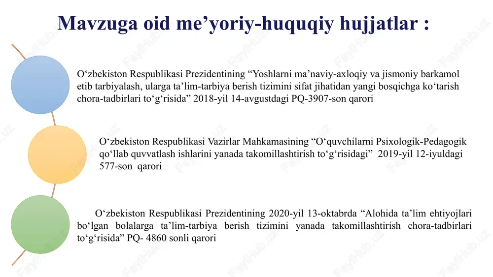 lar bilan jinniga chiqarib qo‘yadi ) qiyosiy tahlil 9 xulosa 10 “psixolog-o‘qituvchi-o‘quvchi-ota-ona” mexanizmini yo‘lga qo‘yish ya’ni mustahkamlash, ota-onasi bilan ishonchli va doimiy hamkorlikni amalga oshirish maktabda kasbga yo‘naltirish ishlari samaradorligini oshirish uchun zamonaviy metodologiya, dastur, ilovalardan foydalanish orqali tashxisni aniq qo‘yib natijadorlikka erishish maktab psixologlarni trenning mashg‘ulotlarga jalb qilish orqali psixologik faoliyatni yaxshilashga va samaradorlikka erishiladi takliflar 11 psixologik ko‘mak xizmatlarini kengaytirish: maktablardagi psixologik ko‘mak xizmatlarini o‘quvchilar, o‘qituvchilar va ota-onalar uchun ko‘proq ahamiyatga ega bo‘lishi kerak. bu xizmatlar psixologik maslahatlar, ta‘lim yo‘nalishlari, konferensiyalar va ko‘ngilochar darslar shaklida o‘tkazilishi mumkin. o‘qituvchilar va o‘quvchilar qisqa psixologik tayyorgarlik kurslarini tashkil etish: bu kurslar o‘qituvchilarning psixolog-o‘quvchi-ota-onalar munosabatlarini mustahkamlashiga va o‘quvchilarni boshqarish ko‘nikmalarini shakllanishiga yordam berishi mumkin. psixologik nazorat va tahlilning o‘zlashtirilishi: maktab boshqaruvi doirasida psixologik nazorat va tahlilning yuritilishi. bu tahlil o‘quvchilar va o‘qituvchilar psixologik holatlarini tushunish va yaxshi bo‘lishi uchun muhim ma’lumotlar beradi. muammo muammoning yechimini amalga oshirish mexanizmi mas’ullar muddati natija 1 …