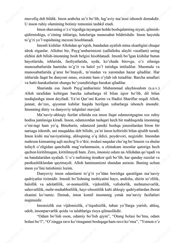 n aytganda, kalom va falsafani bir biridan ajratish mushkul bo’lib qoldi. bu hol baydoviy (1286 y. v.e.), isfahoniy (1349 y. v.e.), ijiy (1355 y. v.e.), taftazoniy (1390 y. v.e.), jurjoniy (1413 y. v.e.)lar ijodida o’z ifodasini topdi. yangi va eng yangi davrlarda jamoliddin afg’oniy, muhammad abdu, ahmad amin, hasan hanafiy kabi musulmon islohotchilarining asarlarida kalom va ayniqsa, mu’taziliylar g’oyalari mafkuraviy asos vazifasini bajarib keldi. vaqt o’tishi bilan islom olamida faqat ahli sunna va jamoaning ilmi kalom bo’yicha ta’limotlari hukm suradigan bo’ldi. falsafa va boshqa fikriy mazhablar chiqqanidan so’ng ilmi kalom istilohining o’zi ham iste’moldan chiqib ketdi. imon, shirk, kufr, qiyomat, jannat va do’zax tushunchalarining mazmun-mohiyati. mazkur masala yechimi ko’p qirrali. qo’yilgan masalani har kim o’z ma’naviy dunyosi o’lchami bilan o’lchab, shunga yarasha hatti-harakat qiladi. insonning chin ma’nodagi insonligi- uning imoni, diyonati, mehr-oqibati, pokligi va halolligi, kamtarligi va boshqalar bilan o’lchanadi. bu umumiy tarzda insoniylik tushunchasi bilan ifodalanadi. insoniylik esa faqat …
