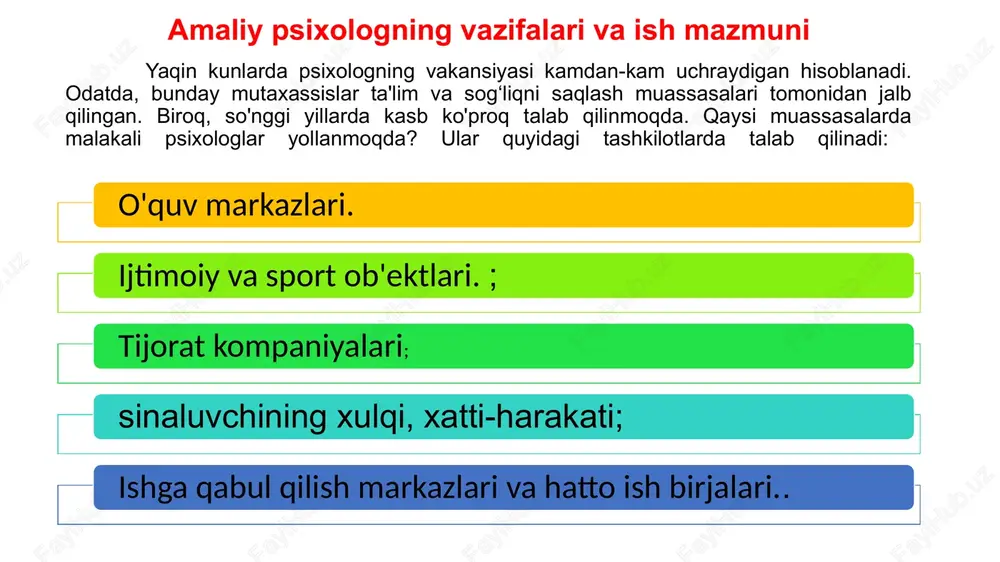 zda ish olib borish uchun kategoriyalarga ajratish. 6. individ yoki guruhning (u yoki bu ishni bajarish, masalan, o‘z xizmat vazifalarini bajarishga) kasbiy tayyorgarligini, layoqatliligini aniqlash. 7.individ yoki guruh psixologiyasi va xulq-atvorini psixokorreksion ishlarni olib borish maqsadida o‘matilgan tibbiy, ijtimoiy normalarga mos yoki mos emasligini aniqlash. 8. individ yoki guruhga hayotiy yo'lini (kasb,umr yo‘ldoshi) tanlash maqsadida tavsiyalar ishlab chiqish. psixodiagnostik tekshiruv va tadqiqotlar vazifalaridagi tafovutlar. yuqorida ta’kidlangan vazifalar amaliy psixodiagnostikaning umumiy vazifalaridir. ulardan ko‘pchiligi u yoki bu darajada maktabgacha ta’lim muassasalari, umumta’lim maktablari, o‘rta maxsus ta’lim muassasalarida turli yosh davridagi bolalar bilan mos tarzda ish olib borish uchun amalga oshiriladi4. psixodiagnostika inson hayot faoliyatining talablaridan kelib chiquvchi psixologiya fanining sohalaridan biridir. psixodiagnostika ijtimoiy amaliyotning bir qancha sohalarida keng qo‘llanilib kelinmoqda. bular: kadrlarni tanlash, ulami joy-joyiga qo‘yish, kasbga yo'naltirish. ijtimoiy xulq-atvomi prognoz qilish, masalan, nikohning barqarorligi, qonunlarga amal qilish kabi. ta’lim-tarbiya jarayonini takomillashtirish. psixoterapevtik yordam va maslahat. sud psixologik-psixiatrik ekspertizasi. muhitdagi o‘zgarishlaming …