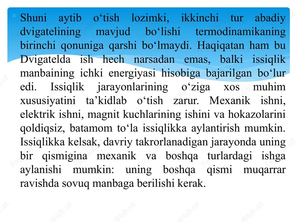 qilib, teskari siklni amalga oshirish natijasida sovuq manbaning sovishi sodir bo‘ladi. teskari sikl sovuqlik mashinasining siklidan iboratdir. teskari siklning takomillashganlik darajasi siklning sovitish koeffitsienti orqali aniqlanadi. to‘rtinchi nuqtadan issiqlikni absolyut o‘tkazmaydigan silindrda adiabat siqishni amalga oshirib, ishchi jismni 4-1 yo‘l bo‘yicha boshlang‘ich holatiga olib kelamiz. shunday qilib, butun sikl bo‘yicha isitkichdan ishchi jismga q1 issiqlik uzatildi va sovitkichga q2 issiqlik olib ketildi. siklning termik f.i.k.: izoterma 1-2 bo‘yicha keltirilgan issiqlik: izoterma 3-4 bo‘yicha olib ketilgan issiqlik: olingan natijalarni (6.2) formulaga qo‘yamiz: adiabatik kengayish va siqish jarayonlari uchun: demak, qisqartirishlardan so‘ng karno siklining termik f.i.k. quyidagiga teng bo‘ladi: (6.6) formuladan quyidagidek xulosalar qilish mumkin: 1) karno siklining termik f.i.k. ishlatilayotgan jismning xossasiga bog‘liq bo‘lmasdan, faqat issiqlik manbalari absolyut temperaturalarining quyi va yuqori qiymatlariga bog‘liq bo‘lar ekan. (karno teoremasi). 2) karno siklining termik f.i.k. isitkich temperaturasi o‘sishi va sovitkich temperaturasi kamayishi bilan ortadi. 3) karno siklining termik f.i.k. har doim birdan kichik …