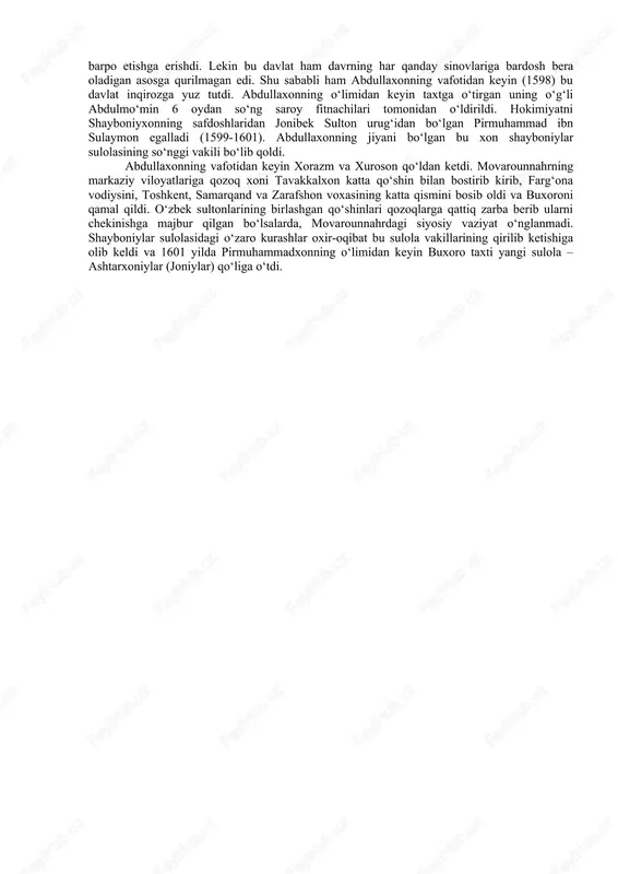 ilda katta kuch bilan yana samarqandga hujum qiladi. buxoro hokimi boqi tarxon 10 ming kishilik qo‘shin bilan samarqandga yordamga yetib keladi. samarqand va buxoro o‘rtasidagi yerda bo‘lib o‘tgan qisqa jangdan keyin shayboniyxon qo‘shinlari himoyasiz qolgan buxoro shahrini egallaydilar. bobur mirzo 1500 yilda samarqandga yana yurish qiladi. lekin shayboniyxon undan oldinroq harakat qilib samarqandni qamal qiladi. qamal davomida u shahar hokimi sulton ali bilan muzokara olib borib, samarqand shahrini jangsiz egallaydi. tez orada qarshi va g‘uzor shaharlari ham shayboniylar tomonidan bosib olinadi. 1501 yilda shayboniyxon asosiy qo‘shini bilan toshkent hokimi mahmudxon va farg‘ona hokimi ahmadxonlarga qarshi yurish qilib, toshkent viloyatidagi shohruhiya va boshqa ko‘pgina qal’alarni bosib olishga muvaffaq bo‘ladi. xuddi shu paytda bobur samarqanddagi o‘ziga xayrixox kishilar yordami bilan shaharni ikkinchi marotaba qo‘ga kiritishga erishadi. qarshi va g‘uzorda ham shayboniylarga qarshi isyonlar ko‘tariladi. shayboniyxon katta kuch bilan samarqandga qaytib, shahar yaqinidagi saripul degan joyda bo‘lgan jangda bobur qo‘shiniga qattiq zarba beradi. …