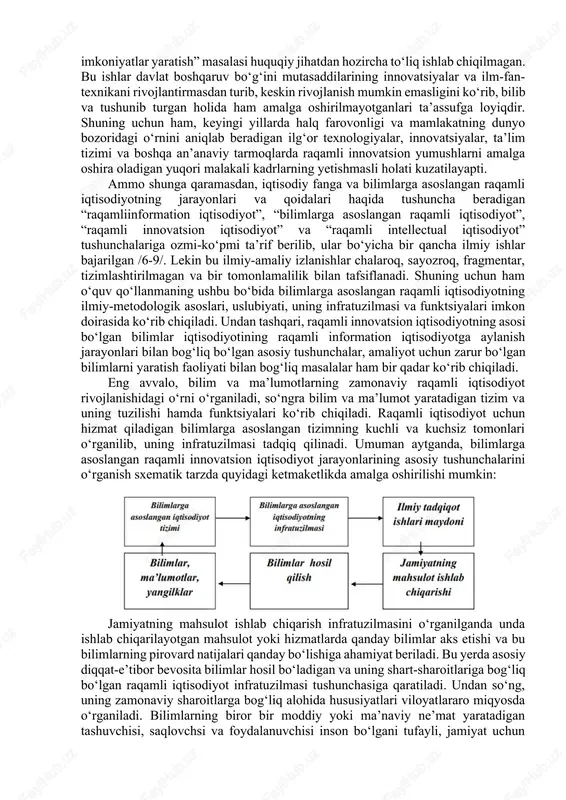avrini ajratib olish mumkinki, unda raqamli usulda tavsiflangan ijtimoiy faktorlar katta ahamiyatga ega bo‘lib, ular inson jamiyati hayotidagi katta sifat o‘zgarishlarga olib keladi. bilimlarga asoslangan raqamli iqtisodiyot bilimlarga asoslangan raqamli iqtisodiyotga o‘tish kontseptsiyasi industrial davrdan information-texnologik davrning ishlab chiqarish usuliga o‘tish bilan bog‘liqdir. ushbu kontseptsiyaning paydo bo‘lishiga asosiy sabab - industrial iqtisodiyotning barcha tarmoqlari va jabhalarini qamrab olgan hamda uning miqyosi, dinamikasi va ichki mohiyatini batamom o‘zgartirib yuborgan yangi raqamli information texnologiyalar paradigmasidir. ilmiy izlanishlarning ko‘rsatishicha, industrial iqtisodiyotning information iqtisodiyot bilan almashinishi agrardan industrial iqtisodiyotga o‘tishga aynan ekvivalant emas, chunki yangi paradigma doirasida iqtisodiyotning asosiy tarmoqlari ilm-fan sohalaridagi puxta bilimlar talab qiladigan komp’yuter texnologiyalari, raqobatbardosh va o‘zgaruvchan sharoitlarga tezda moslasha oladigan information tarmoqlarga aniqlanadilar. zamonaviy raqamli iqtisodiyot tuzilmasining bunday sifat o‘zgarishlari xozirgi kunda global o‘zgarish tariqasida ko‘rilib, bunda “moddiy” iqtisodiyotdan “intellectual” iqtisodiyotga yoki “bilimlarga asoslangan iqtisodiyot – knowledge-bazed economy”ga o‘tish sifatida tushuniladi. postindustrial iqtisodiyotga kirib kelayotgan bunday yangiliklarning mohiyatini tushunish …