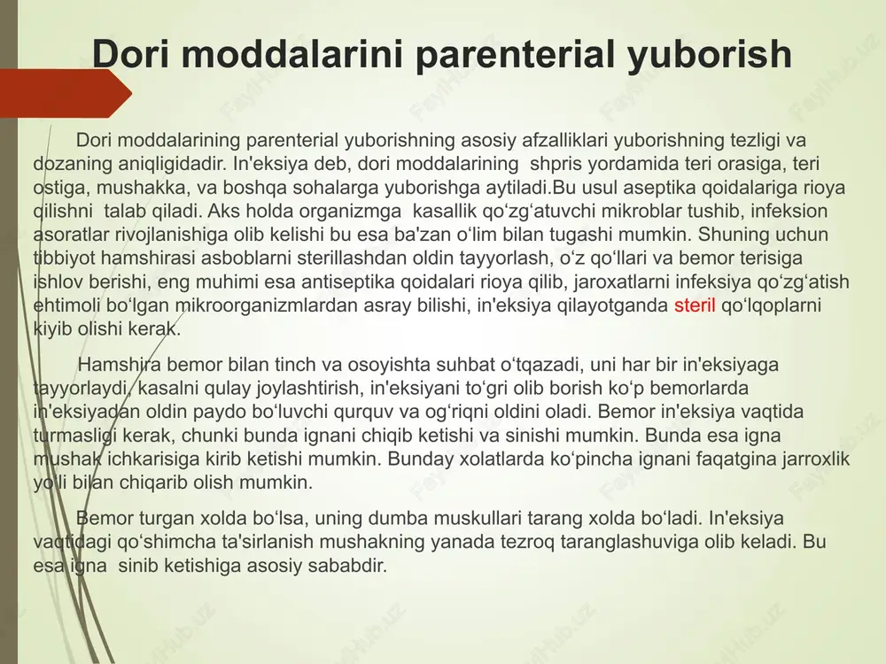 yuborilgan dori tezda qon tomirlariga o‘tadi. igna qanchalik yo‘g‘on va uzun igna bo‘lsa ineksiya shunchalik og‘riqli bo‘ladi degan tasavvur noto‘g‘ridir. bundan tashqari, agar siz dorini mushak ichiga emas teri ostiga yuborsangiz yoki katta ignadan foydalansangiz bu og‘riq yanada kuchayadi. buning oqibatida teri osti klechatkasini qo‘zg‘alishi yuzaga keladi (masalan, magniy sul'fat eritmasini yuborganda) yoki dorining sekin so‘rilishi (teri ostiga antibiotik yuborishda) va infiltrat yuzaga keladi. dumba shartli ravishda to‘rtta kvadratga bo‘linadi, ineksiyani esa faqatgina yuqori tashqi kvadratga qilinishi mumkin. yuqorigi ichki sohaga ineksiya qilish mumkin emas, chunki bu kvadratning ko‘p qismini dumg‘aza egallangan, mushak qavat esa bu yerda sust rivojlangan bo’ladi. pastki ichki kvadratdan esa katta arteriyalar, vena va nervlar o‘tadi, shu sababli bu yerga ham ineksiya qilish mumkin emas. pastki tashki kvadratga ham mushak ichi ineksiyasi qilinmaydi, chunki bu yerda mushak qavati sust rivojlangan bo’ladi va katta qismini son suyagining boshi egallaydi. ineksiya uchun kerak hududni suyaklarga chamalab ham aniqlash …
