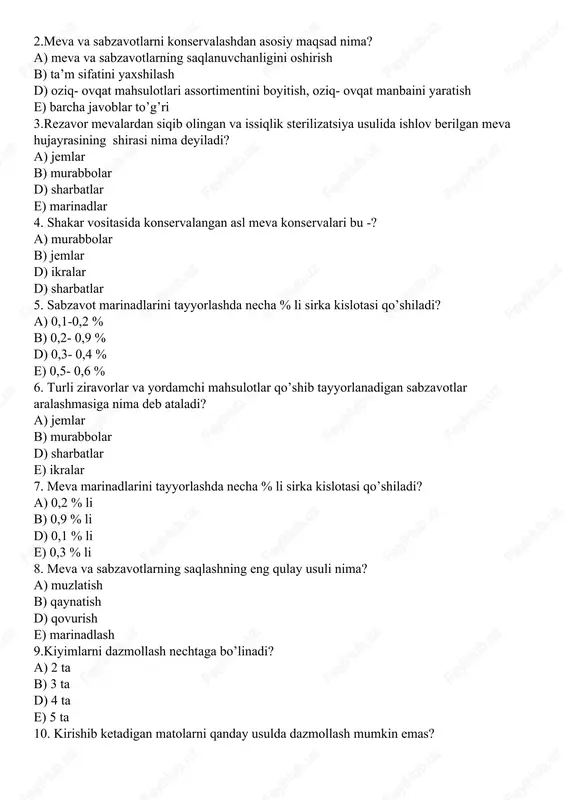 ichka sim olinadi? a) 2 sm.li b) 3 sm.li d) 5 sm.li e) 6 sm.li 7. ijod - deganda nimani tushunasiz? a) ongning oliy darajasi b) yuqori faoliyat turi d) isonga xos e) barcha javoblar to’g’ri 8. mehnatning oliy shakli nima hisoblanadi? a) bilim b) ijod d) malaka e) ko’nikma 9. ijodiy loyiha necha bosqichdan iborat? a) 2 ta b) 3 ta d) 5 ta e) 6 ta 10. birinchi bilaguzuk qachon paydo bo’lgan? a) 2,5 mln yil avval b) 3,5 mln yil avval d) 2,0 mln yil avval e) 6,0 mln yil avval 1 2 3 4 5 6 7 8 9 10 a d b e a d e b d a