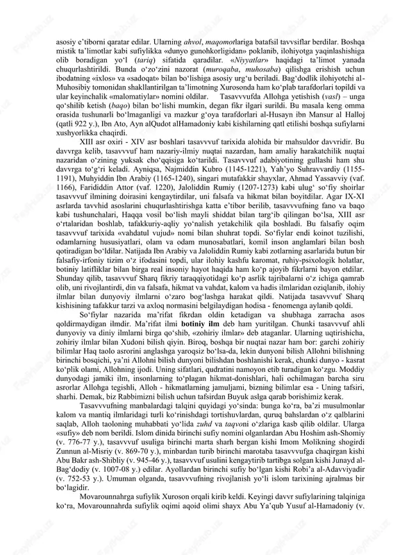 davviy, samarqand sayyidlari, al-xayzoxaziy, al-aqiliy, al-marg‘inoniy oilalari ilm va ijtimoiy hayotda kuchli mavvqega ega bo‘ldilar. ilm-fan rivojlandi. ko‘plab yirik olimlar etishib chiqdilar. yirik faqihlar sulolalari paydo bo‘ldi. bir necha avvloddan avvlodga ulanib davvom etgan faqihlar sulolalari nafaqat movarounnahr, balki butun islom olamida katta nufuzga ega edilar. umuman fiqh, xususan hanafiy mazhabining rivojlanish tarixida xi-xii asrlardagi movarounnahr faqihlarining ilmiy faoliyati juda muhim o‘rin tutadi. bu davvrda etishib chiqqan hanafiy faqihlaridan - ad-dabusiy abi zayd, al-halvo‘iy, abu bakr muhammad as-saraxsiy, al-pazdavviy ‘ali, as-sadr ash-shahid ‘umar, an-nasafiy ‘umar, alouddin as-samarqandiy, ibn moza mahmud, al-’attobiy ahmad, al-kosoniy mas’ud, qozixon va yuqorida zikr etilgan al-marg‘inoniy ‘ali kabi ma’lum va mashhur faqihlarning nomlarini keltirish mumkin. umuman olganda yuqorida bir necha davvrlar va ularda mavvjud bo‘lgan fiqh maktablari, bu maktablarda ilmiy faoliyat olib borgan mujtahidlar haqida qisman bo‘lsada tanishib chiqish va fiqh ilmining payg‘ambar s.a.v. davvrlaridan toki taqlid davvriga bo‘lgan tadrijiy rivojlanishini o‘rganish bizga: - vii-xii asrlardagi …