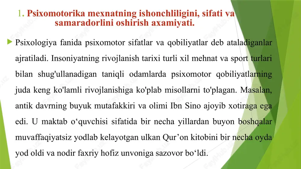 va katta yoshdagilarning psixomotorikasini tadqiq qilishda turli metodlar qo'llaniladi. har bir yosh guruhining o'ziga xos xususiyatlari hisobga olinadi. keling, asosiy metodlarni ko'rib chiqaylik 1. test va qiziqarli o'yinlar psixomotor testlar: maxsus ishlab chiqilgan testlar orqali tezlik, aniqlik, koordinatsiya va reaktsiya vaqtini o'lchash. interaktiv o'yinlar: kompyuter yoki mobil qurilmalar orqali psixomotor ko'nikmalarni baholash. 2. tajribalar va kuzatuv tajribalar: o'zaro harakatlar, muayyan shartlarda harakatlarni baholash orqali psixomotor ko'nikmalarni o'rganish. kuzatuv: o'quvchilarning harakatlarini kuzatish, ularning psixomotor ko'nikmalarini tahlil qilish. 3. anketalar va so'rovnomalar o'z-o'zini baholash anketalari: bolalar va o'smirlar uchun mo'ljallangan anketalar, ularning psixomotor ko'nikmalarini va qiziqishlarini aniqlash. ota-onalar va o'qituvchilardan so'rovlar: bolalar va o'smirlarning psixomotor ko'nikmalarini baholashda ota-onalar va o'qituvchilarning fikrlarini olish. 4. praktik mashg'ulotlar sport faoliyati: sport o'yinlari va mashg'ulotlar orqali psixomotor ko'nikmalarni rivojlantirish va baholash. san'at va ijodiy faoliyat: raqs, rassomlik va boshqa ijodiy faoliyatlar orqali psixomotorikani o'rganish. 5. psixologik testlar kognitiv va psixomotor testlar: shaxsning intellektual va psixomotor ko'nikmalarini …