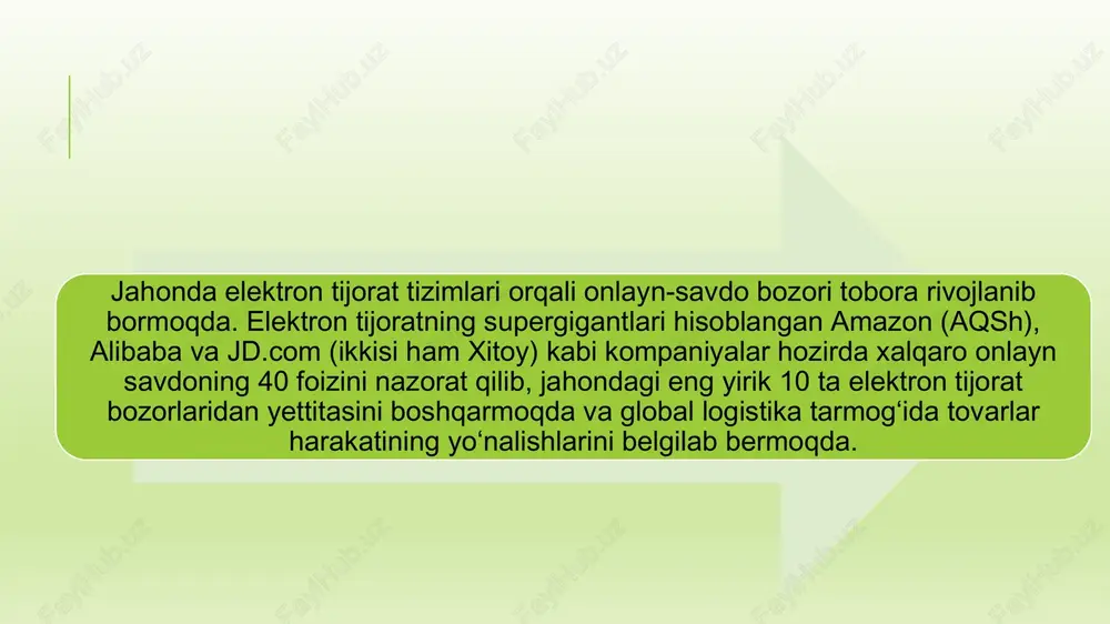hli sotuvchilarga ustunlik beradilar. turli xil mahsulotlarning sharhlari juda mashhur. № 5 - germaniya elektron tijorat bozori hajmi 74,46 milliard dollarni tashkil qiladi.xaridorlarning 11,5 foizi planshetlardan, 16,2 foizi - smartfonlardan, 72,3 foizi - statsionar kompyuterlardan. ko'pincha nemislar ertalab elektron pochtalarini ochadilar. internet -sotishning yarmi amazon va ottodan keladi. germaniya aholisining 85 foizi internetdan foydalanuvchilar. internet -chakana sotuvchilar orasida nemislar orasida eng mashhurlari amazon va otto, nemis savdo maydonchasi... kichik va o'rta biznes uchun bunday gigantlar bilan raqobatlashish oson emas, lekin chiqish yo'li bor. germaniyada onlayn xarid qilishning eng mashhur joyi - bu moda. agar sizda kichkina moda do'koni bo'lsa, siz germaniya bozorida muvaffaqiyatli rivojlanishingiz mumkin. internet -do'konni targ'ib qilishda shuni yodda tutish kerakki, internetga kirish darajasi yuqori bo'lishiga qaramay, nemis aholisi ijtimoiy tarmoqlarda unchalik faol emas. shunday qilib, masalan, foydalanuvchilarning atigi 17 foizi facebook -ni ertalab tekshirishadi. nemislar ko'proq e'tibor berishadi elektron pochta. mahsulotni qaytarish qobiliyati nemis iste'molchilari uchun katta …