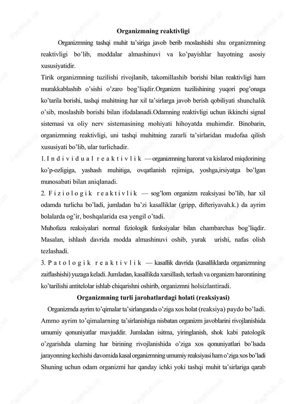 a qora – ko’kimtir dog’lar (murda dog’lari) paydo bo’ladi. organizmning reaktivligi organizmning tashqi muhit ta’siriga javob berib moslashishi shu organizmning reaktivligi bo’lib, moddalar almashinuvi va ko’payishlar hayotning asosiy xususiyatidir. tirik organizmning tuzilishi rivojlanib, takomillashib borishi bilan reaktivligi ham murakkablashib o’sishi o’zaro bog’liqdir.organizm tuzilishining yuqori pog’onaga ko’tarila borishi, tashqi muhitning har xil ta’sirlarga javob berish qobiliyati shunchalik o’sib, moslashib borishi bilan ifodalanadi.odamning reaktivligi uchun ikkinchi signal sistemasi va oliy nerv sistemasining mohiyati hihoyatda muhimdir. binobarin, organizmning reaktivligi, uni tashqi muhitning zararli ta’sirlaridan mudofaa qilish xususiyati bo’lib, ular turlichadir. 1. individual reaktivlik — organizmning harorat va kislarod miqdorining ko’p-ozligiga, yashash muhitiga, ovqatlanish rejimiga, yoshga,irsiyatga bo’lgan munosabati bilan aniqlanadi. 2. fiziologik reaktivlik — sog’lom organizm reaksiyasi bo’lib, har xil odamda turlicha bo’ladi, jumladan ba’zi kasalliklar (gripp, difteriyavah.k.) da ayrim bolalarda og’ir, boshqalarida esa yengil o’tadi. muhofaza reaksiyalari normal fiziologik funksiyalar bilan chambarchas bog’liqdir. masalan, ishlash davrida modda almashinuvi oshib, yurak urishi, nafas olish …