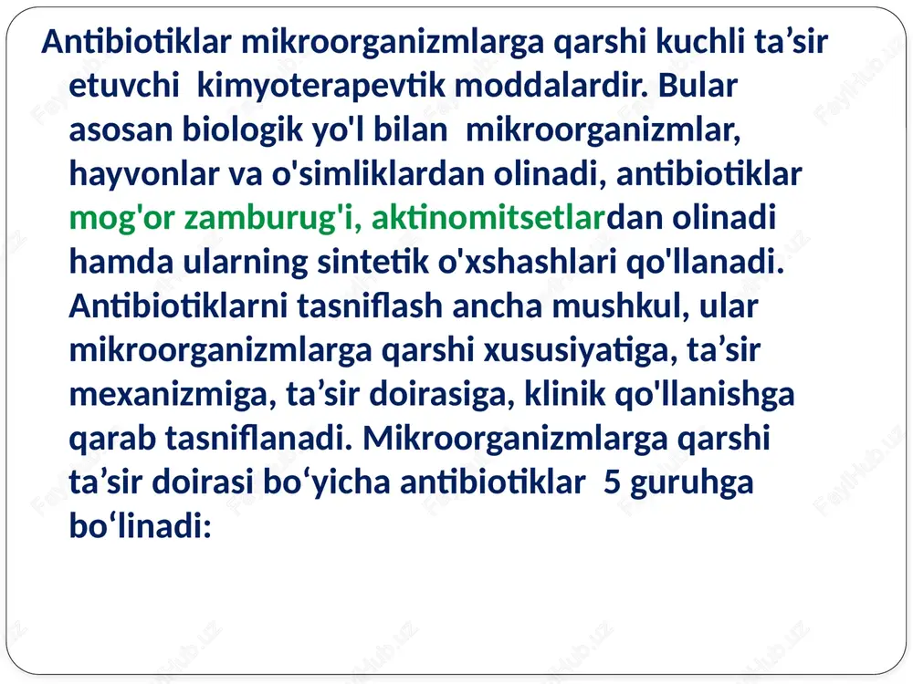 gan peritonit, sepsis, siydik yo’li, suyak, bo'g'imlar, kichik tos a’zolarini infeksiyalarida qo'llanadi, parenteral yuboriladi. sefobit (sefoperazon) - sefolosporinlarning ii avlodi, pfizer firmasi ishlab chiqaradi, keng spektrli grammmusbat, grammmanfiy hamda anaerob mikroorganizmlarga qarshi ta’sirga ega, parenteral yuboriladi. lendamitsin (seftriakson) kimyoviy jihatidan sefotaksimga o'xshaydi, faqat parenteral - mushaklar orasiga, venalarga yuboriladi. mushaklar orasiga yuborilganda ta’siri 1,5 soatdan keyin boshlanadi. a’zolarga, suyuqliklarga, suyak to'qimalariga o'tadi, ta’siri davomli, sutkada 1 marta yuboriladi. kuchli bakteritsid ta’sirga ega, hozirgi kunda eng kuchli antibiotik hisoblanadi.iv avlod sefalosporinlarni (sefotoksitin, sefmetazol, sefpiram) mikroorganizmlarga qarshi ta’sir doirasi oldingidan ham keng, ayniqsa, grammusbat mikroorganizmlarga, ko'k yiringli tayoqchalarga va boshqa grammanfiy bakteriyalarga qarshi kuchliroq ta’sir ko'rsatadi. makrolidlar moddalarni nursimon zamburug'lar hosil qiladi, ularning molekulasi makrosiklik lakton halqaga ega, shuning uchun makrolid deb ataladi. asosan grammusbat mikroorganizmlar oqsillarining hosil bo'lishiga to'sqinlik qiladi, bakteriostatik ta’sir ko'rsatadi. makrolidlar zaxira antibiotiklar, boshqa antibiotiklar ta’sir ko‘rsatmaganda qo'llanadi. eritromitsin va oleandomitsin zotiljam, bronxit, tonzillit, otit, sinusit, ko'kyo'tal, difteriya, …