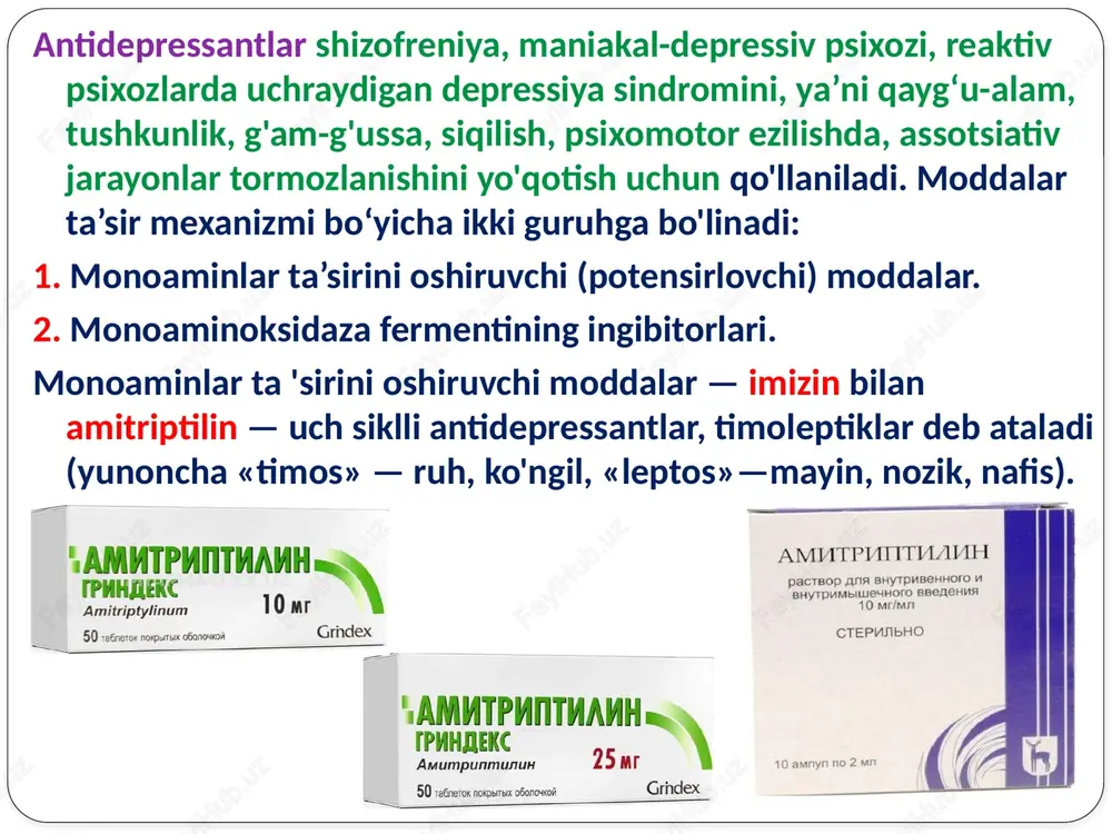 erotoninning hajmini kamaytiradi, gippokamp va miyaning boshqa bo'limlaridagi neyronlarning dofaminga nisbatan sezuvchanligini oshiradi. trankvilizatorlar trankvilizatorlar markaziy nerv sistemasiga ruhiyatga o‘ziga xos tinchlantiruvchi-anksiolitik ta’sir ko'rsatadi, qo'rquv, hayajon, bezovtalik, ruhan ezilish, g‘am-tashvish tuyg'ularini kamaytiradi. trankvilizatorlar ataraktik — ruhiyatni tinchlantiradigan, xotiijamlik keltiruvchi moddalar deb ataladi. moddalarning psixozga qarshi ta’siri juda kam. kimyoviy tuzilishi jihatidan trankvilizatorlar asosan benzodiazepin unumlaridan iborat. moddalarning anksiolitik ta’siri limbik sistema bilan bog'liq, shu yerda o'ziga xos benzodiazepin retseptorlarni bog'lab, ularni qo'zg'atadi. benzodiazepin retseptorlari esa gamk retseptorlarining modulyatori hisoblanadi, shu tufayli benzodiazepin retseptorlarining qo'zg'alishi gamk ergik to'qimalari faolligini oshiradi, gamk — mimetik ta’sir ko'rsatadi, neyronlar faolligini susaytiradi. trankvilizatorlar markaziy nerv sistemasining qo'zg'atuvchi hamda harakatlantiruvchi faoliyatini kamaytiradi. anksiolitik, sedativ ta’sir tufayli bu moddalar uyquga ketishni osonlashtiradi, davomli tinch uyqu keltiradi, shuning uchun bu moddalar bolalar va kattalarda uyqu dori sifatida psixonevroz holatlarida, yurak, me’da-ichak nevrozida hamda xirurgiyada premedikatsiya uchun qo'llanadi. benzodiazepinlar polisinaptik spinal reflekslarni tormozlab, mushaklarni bo'shashtiradi, bular markaziy ta’sir etuvchi …