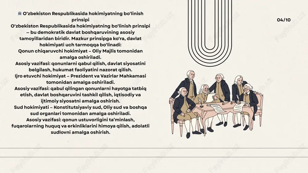 y va ijtimoiy ishlarning moliyaviy asosi hisoblanadi. mahalliy davlat hokimiyati organlari byudjet siyosatini amalga oshiruvchi asosiy organlardir. 📌 asosiy vakolatlari: hududiy daromad manbalarini aniqlash va byudjet loyihasini shakllantirish; xalq deputatlari kengashida byudjetni tasdiqlash; davlat mablag‘larini oqilona taqsimlash va ularning maqsadli sarflanishini ta’minlash; ta’lim, sog‘liqni saqlash, infratuzilma, transport va boshqa sohalarga byudjet mablag‘larini yo‘naltirish; byudjet ijrosi yuzasidan muntazam hisobot berish va shaffoflikni ta’minlash; mablag‘larning qonuniy sarflanishi ustidan moliya organlari bilan birgalikda nazoratni amalga oshirish. 👉 bu vakolatlar orqali mahalliy hokimiyatlar iqtisodiy mustaqillik darajasini oshiradi va joylardagi real ehtiyojlarni moliyalashtirish imkoniyatiga ega bo‘ladi. 09/10 🏛 1. so‘nggi yillarda amalga oshirilgan islohotlar (mahalliy boshqaruvni markazsizlashtirish) o‘zbekiston respublikasida so‘nggi yillarda davlat boshqaruv tizimini takomillashtirish, fuqarolarga yaqinroq va samaraliroq xizmat ko‘rsatishni ta’minlash maqsadida mahalliy boshqaruv tizimini markazsizlashtirish bo‘yicha keng ko‘lamli islohotlar amalga oshirildi. 📌 asosiy yo‘nalishlar: markaziy organlarning vakolatlari bosqichma-bosqich mahalliy hokimiyatlarga o‘tkazildi — bu hududlarning iqtisodiy va ijtimoiy mustaqilligini kuchaytirdi. hududiy hokimiyatlarga byudjet va …