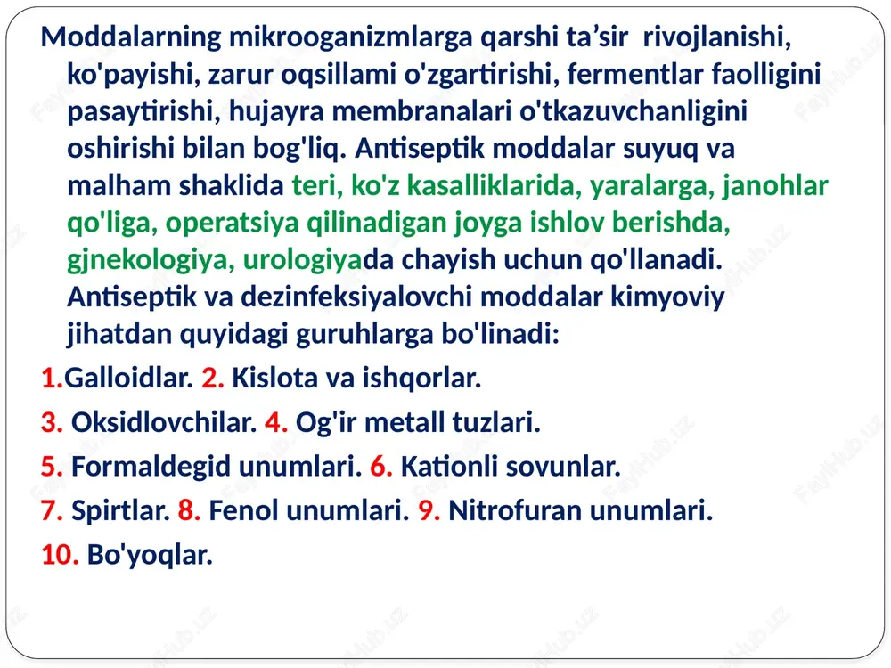 kasalliklarni davolashda qo'llanadi. nitrofuran unumlaridan antiseptik sifatida furatsilin, modda teriga, shilliq pardalarga, yaralarga, bo'shliqlarga ishlov berish uchun keng qo’llanadi. nitrofuran unumlaridan furazolidon, furadonin kimyoterapevtik modda sifatida qo’llanadi. bo'yoqlar - brilliant yashili, metilen ko'ki, etakridin laktatning mikroorganizmlarga qarshi ta’siri nisbatan kuchsiz, ular tanlab ta’sir qiladi, hammasi antiseptik, ba’zilari metilen - ko‘ki kimyoterapevtik modda sifatida qo’llanadi. evkalipt barglaridan olingan xlorofillar aralashmasi xiorofillipt kuchli mikroorganizmlarga qarshi xususiyatga ega, asosan mahalliy qo’llanadi, ba’zida ichishga hamda venalarga yuborilishi mumkin. xulosa xulosa qilib aytganda, antiseptiklar tibbiyotning barcha sohalarida ishlatiladi. dezinfeksiyalovchi vositalar o’rni nihoyatda beqiyos. birgina misol qilib aytganda, covid-19 pandemiyasida bu turdagi vositalarga ehtiyoj yanada oshdi. eʼtiboringiz uchun rahmat!!! image3.png image4.jpeg image5.png image6.jpeg image7.jpg image8.jpeg image9.jpg image10.jpeg image11.jpeg image12.png image13.png image14.jpg image15.jpeg image16.jpg image17.jpeg image18.jpeg image19.png image20.jpeg image21.jpg image22.jpg image23.jpeg image24.png image25.png image26.jpg image27.jpeg image28.jpeg image29.jpeg /docprops/thumbnail.jpeg