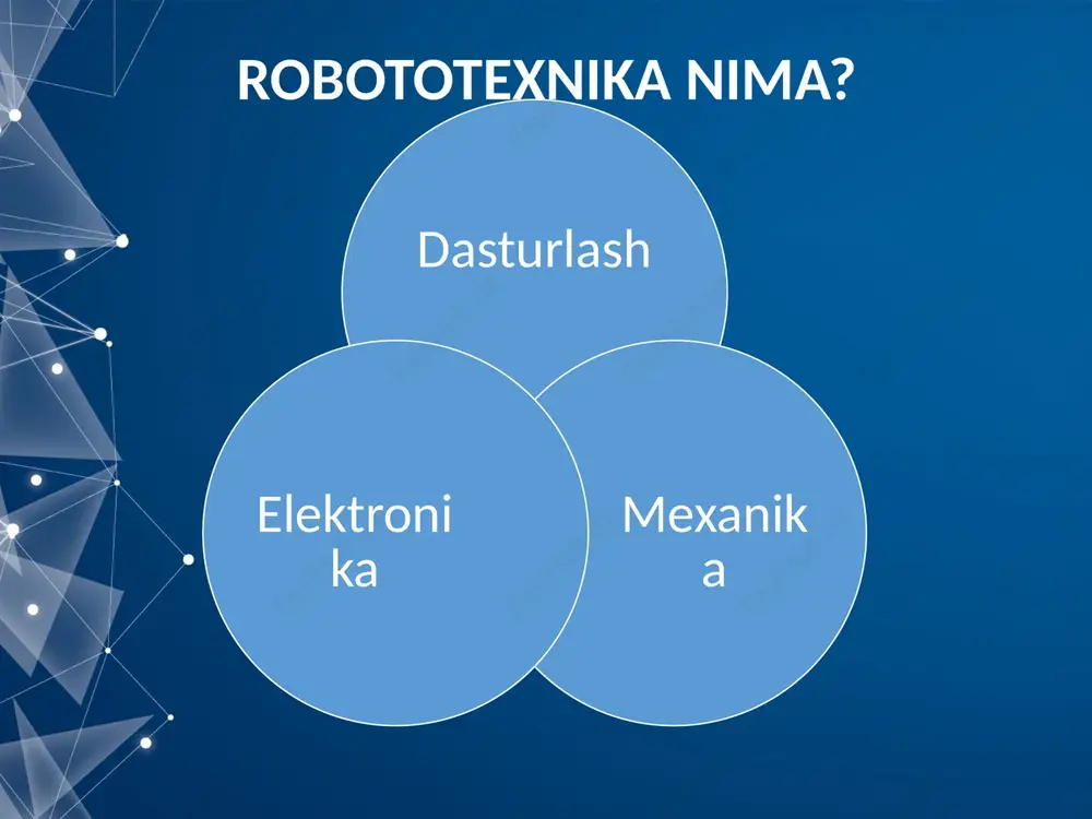 akan qo'ymaslik, ishlash vaqtida stol usti va qo'llar quruq holatda bo'lishi, elektr manbalaridan foydalanish va texnika xavfsizligi qoidalariga amal qilish zarur. 1-amaliy mashg’ulot: 8 10 dasturiy qism: void – bu c++ dasturlash tilida kompyuterga qiymat qaytarmaydigan funksiya setup() – bu tayyorgarlik, loop() – esa asosiy bajaruvchi funksiya nomlari. setup – dasturda bir marta bajariladigan funksiya. bu funksiyaga kiritigan kodlarga kora kontrolerning portlarini(analog, diskrid ) kirish yoki chiqish signalini olish yoki uzatish uchun buyruq beriladi. kontrolerga qaysi portdan qanday foydalanishni buyuradi (input – kirish, output – chiqish ). loop() – funksiyaning ichida yozilgan dastur cheksiz bajariladigan amallar hisoblanadi. agar dasturchi yoki foydalanuvchi jaryonni ozi toxtatmasa digitalwrite (vazifani bajarish) buyrugida high – portga kuchlanish beradi (5 volt) low – esa portdan kuchlanishni uzish (0 volt) buyruqlarini amalga oshiradi). 13 arduino dasturining ishchi oynaga yozilishi 14 svetofor yasash qizil svetodiod yonishini ta’minlash va uni 10 sekund davomida ushlab turish 1 qizil svetodiod o’chmagan …