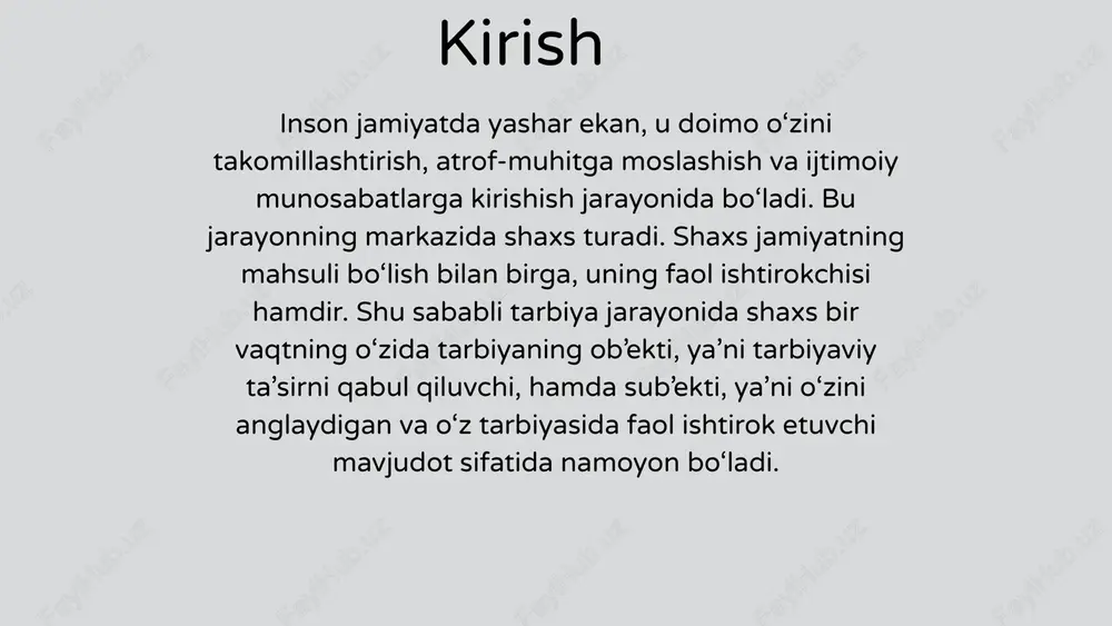 a o‘zini o‘zi tarbiyalash ko‘nikmalarini rivojlantiradi. shaxs tarbiyaning sub’ekti sifatida quyidagi jarayonlarda namoyon bo‘ladi: o‘zini anglash — “men kimman?”, “men qanday inson bo‘lishni xohlayman?” degan savollarga javob topadi. o‘zini nazorat qilish — xatti-harakatlarini baholaydi, kerak bo‘lsa to‘g‘rilaydi. o‘zini boshqarish — maqsad sari yo‘naltirilgan faoliyatni ongli ravishda tashkil etadi. o‘zini rivojlantirish — yangi bilim, ko‘nikma va fazilatlarni egallaydi. tarbiya jarayoni — bu ikki tomonlama va o‘zaro ta’sirga asoslangan murakkab ijtimoiy-pedagogik jarayondir. unda tarbiyachi (o‘qituvchi, ota-ona) va tarbiyalanuvchi (o‘quvchi, bola) o‘zaro munosabat, muloqot va hamkorlik asosida faoliyat olib boradi. ya’ni, tarbiya bir tomonlama ta’sir emas, hamkorlikda shakllanuvchi o‘zaro jarayondir. xulosa qilib aytganda, har bir inson tarbiya jarayonida ham ta’sirni qabul qiluvchi, ham o‘zini tarbiyalovchi shaxs hisoblanadi. ya’ni biz bir tomondan ota-ona, o‘qituvchi va jamiyatdan saboq olamiz, ikkinchi tomondan esa o‘zimiz ustida ishlaymiz, o‘z fikrimizni shakllantiramiz. shaxsning haqiqiy kamolotga erishuvi uchun u faqat boshqalarning ta’sirini kutmasdan, o‘zini ham tarbiyalashi kerak. tarbiya shundagina samara …