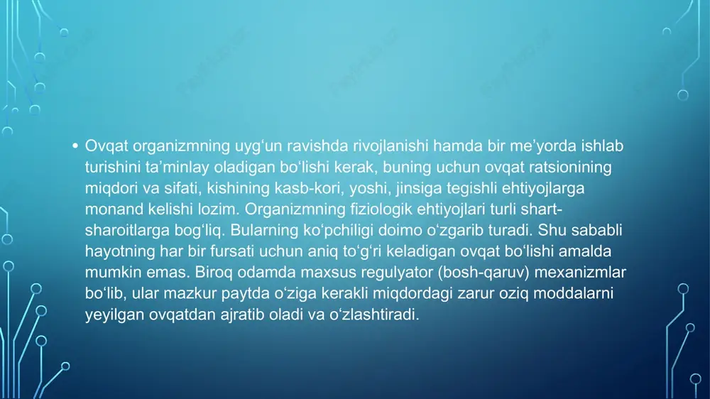 oq, sutda fosfor koʻp. magniy tuzlari yurak-tomir siste-masining normal ishlab turishini taʼminlaydi. bu tuzlar keksa kishilarga ayniqsa zarur, chunki organizmdan ortiqcha miqdor xolesterinni chiqarib tashlashga yordam beradi. magniy tuzlari kepakda, jaydar undan yopilgan nonda, grechixa, arpa yormalarida, dengiz baligʻida koʻp. kaliy tuzlari yurak-tomir sistemasining normal ishlab turishini taʼminlashda ayniqsa muhim, chunki u siydik ajralishini kuchaytiradi. yurak kasalliklari, gipertoniya kasalligi bilan ogʻrigan kishilarga qovoq, tarvuz, olma, bargak, mayiz yeb turish tavsiya etiladi, chunki ular tarkibida talaygina kaliy tuzlari bor. organizmning temir va misga boʻlgan ehtiyoji juda kam, sutkasiga grammning mingdan bir ulushiga toʻgʻri keladi, lekin bu elementlar kon yaratilishida muhim rol oʻynaydi; yodga boʻlgan ehtiyoj ham nihoyatda kam, lekin oziqovqat mahsulotlarida yod boʻlmasa, qalqonsimon bez faoliyati buzilib, endemik buqoq kasalligi vujudga keladi. mikroelementlarga kiradigan kobalt tuzlarining qon yara-tilishida roli katta; kobalt vitamin v2 tarkibiga kiradi. noʻxat, lavlagi, qizil smorodina, qulupnayda kobalt tuzlari koʻp boʻladi. suv oziq moddalarning organizmda sarflanishida energiya hosil …
