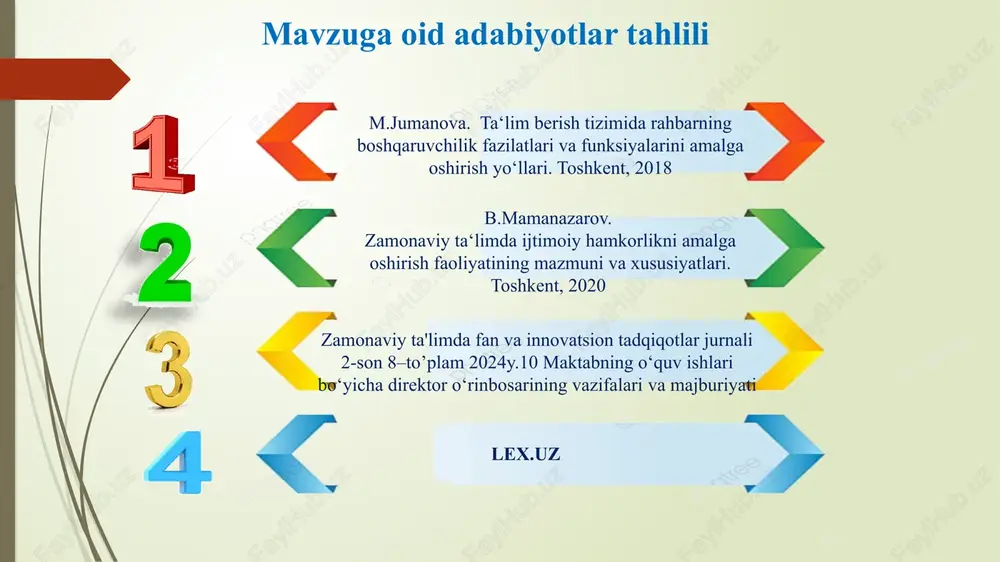 ida quyidagilarga ahamiyat berilishi juda muhim: 1. otm bitiruvchilari maktablarda amaliyot o‘tashlarini va maktabning komissiya a’zolari tomonidan baholashni tashkillash. ushbu komissiya tajribali,malakali pedagoglardan tuzilgan bo’lib, amaliyotchi talabaning pedagogik mahorati va psixologik tayyorgarligini baholaydi. xulosasi otm ga yuboriladi. 2. psixologik so’rovnoma orqali - axloqiy yetuklik, ob‘rolilik, rostgo‘ylik, adolatlilik, soddalik va kamtarlik, o‘ziga va o‘zgalarga nisbatan yuqori talabchanlik xususiyatlariga ega bo‘lgan nomzodlarni shakllantirish. 3. ma’muriyat xodimlari uchun-so‘z va ish birligini qat‘iy nazoratga ola bilish, ishchanlik va akt dan foydalana olishi, tashkilotchilik va jamoani birlashtirish ko’nikmalarini muntazam ravishda oshirib borish. taklif va tahlillar t/r muammo amalga oshirish mexanizmi mas‘ullar muddati natija 1. sifatli kadrlar zaxirasini yaratish. o’qituvchilarning o’zlari yuqorida aytilgan 4k tayyor emasligi. me’yoriy huquqiy normalarga rioya etish. maktab rahbari yil davomida maktabning salohiyatli kadrlarga bo‘lgan ehtiyojini qondirish. kadrlarning o‘z mutaxassisligi bo‘yicha dars o’tish davomida metodik yordam berish o‘ibdo‘ va metod birlashma rahbarlari yil davomida 2. yangi ishga olingan kadrlar bilan ishlash. tajribali …