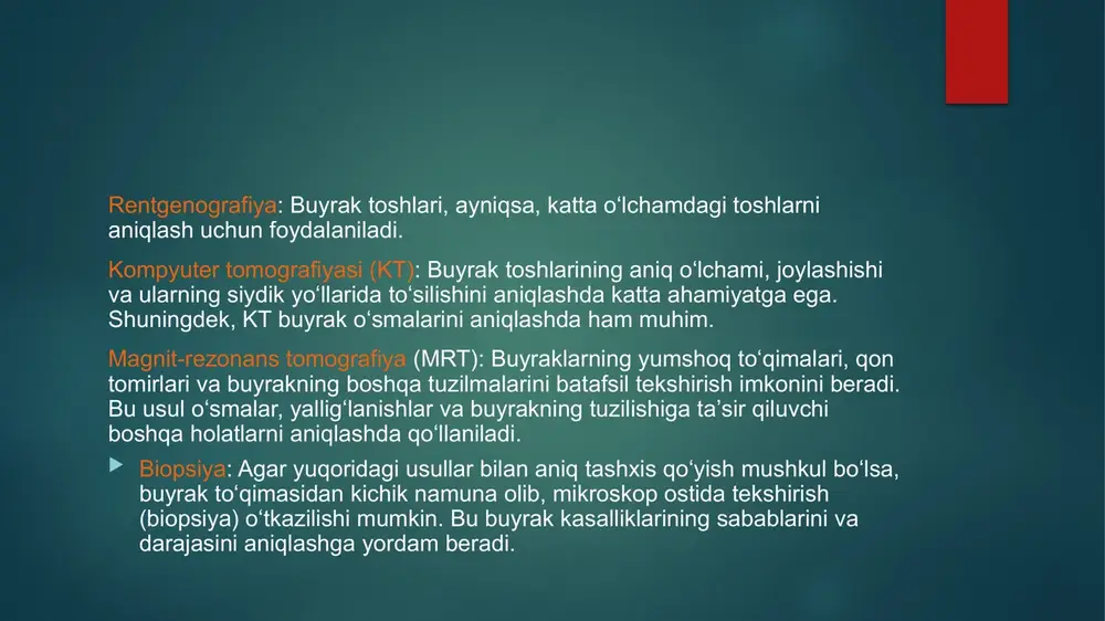 dosh: tizza bo’g’imlarini deformatsi-yalovchi osteoartrozi; ogʻir metallar bilan zaharlanish oqibatidagi tubulointerstitial nefropatiya. siydik tosh kassaligi urolitiaz siydik-tosh kasalligi (urolitiaz) — bu siydik ajratish tizimida, ya’ni buyrakda, siydik pufagida va siydik yo’llarida toshlar (konkrementlar) mavjudligi bilan xarakterlanadigan surunkali, retsidivlanishga moyil bo’lgan modda almashinuvi kasalligidir. etiologiyasi siydik-tosh kasalligi boshlanishi va rivojlanishining asosiy sababi modda almashinuvi buzilishi bo’lib, bu toshlarni shakllantiruvchi erimaydigan tuzlarning hosil bo’lishiga olib keladi. toshlarning soni va ularning joylashishi juda turlicha bo’lishi mumkin endogen omillar: metabolik buzilishlar (giperurikemiya, giperkalsiuriya, gipoksaluriya, sistinuriya) endokrin kasalliklar (giperparatireoz, podagra) buyrak va siydik yo’llari infeksiyalari irsi moyillik ekzogen omillar: suv va oziq-ovqat tarkibi (qattiq suv, purinlarga boy ovqatlar) hayot tarzi (kam harakat, ovqatlanish odatlari) dorilar (sulfanilamidlar, askorbin kislotasi yuqori dozasi) patogenezi siydik tarkibida tuzlar konsentratsiyasi oshadi (supersaturatsiya) . kristall yadrosi hosil bo’ladi (nukleatsiya) kristallar bir-biriga yopishadi va o’sadi (agregatsiya) . siydik oqimining buzilishi yoki infeksiya fonida tosh hosil bo’ladi. tasnifi joylashuviga ko’ra: buyrak toshi (nefrolitiyaz) …