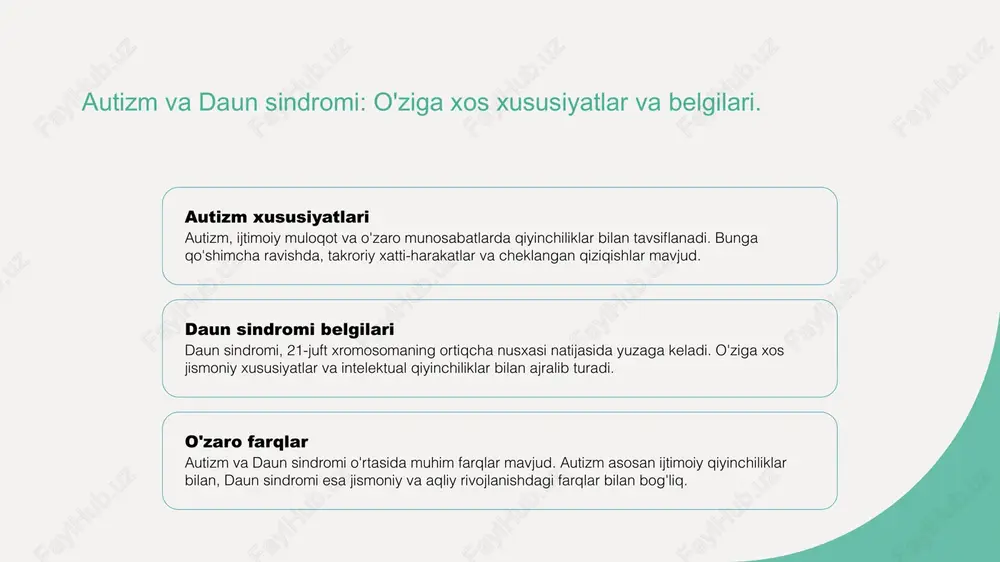 a daun sindromiga ega shaxslar uchun ish bilan ta'minlash dasturlari muhimdir. ular o'z qobiliyatlarini rivojlantirib, jamiyatga foyda keltirish imkoniyatiga ega bo'lishlari kerak. xulosa 1 autizm va daun sindromi: ta'riflar - autizm va daun sindromi, neyrodevelopmental kasalliklar sifatida, o'ziga xos belgilari va rivojlanish jarayonlari bilan ajralib turadi. 2 klinik xususiyatlar: muammolar - har ikkala kasallikning klinik xususiyatlari, ijtimoiy integratsiyani murakkablashtiradi. bular, albatta, shaxsiy va ijtimoiy hayotga ta'sir qiladi. 3 ijtimoiy qabul va imkoniyatlar - o'zbekiston kontekstida, autizm va daun sindromiga ega shaxslar uchun ijtimoiy qabul va integratsiya muhim ahamiyatga ega. bu jarayonlar rivojlanishni ta'minlaydi. foydalanilgan adabiyotlar 1. qudratov, a. m. avtizm va down sindromi: ta'rifi, sabablari va xususiyatlari. o'zbekiston tibbiyot akademiyasi, 2021 2. mustafaev, d. a. ijtimoiy ta'sir va madaniy nuqtai nazar: avtizm va down sindromi. o'zbekiston psixologiya jamiyati, 2020 3. toshkent, r. o. avtizm va daun sindromi: ta'rifi va ijtimoiy ta'siri. o'zbekiston pediatriya jurnali, 2022 4. olimov, s. f. avtizm …