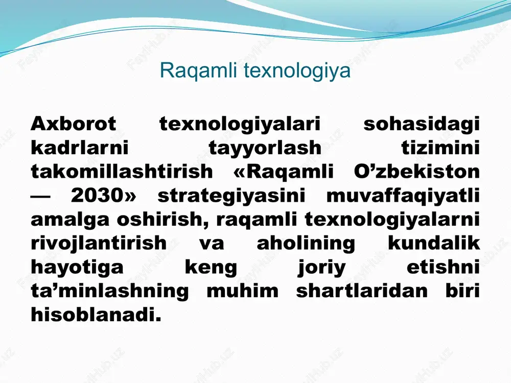 ’lumotlarni uzatish vaqti sezilarli darajada qisqaradi. axborotning turlari: matn, tasvir, animatsiya, audio va video. ma’lumki, axborotlarni insonlar bir-biriga uzatish jarayonida matn ko‘rinishdagi, jadval ko‘rinishdagi, tovush ko‘rinishdagi va tasvir ko‘rinishdagi ma’lumotlardan foydalanadi. matn. matn – bu ma’lumotlarni ifodalash shakli bo’lib, u mazmunan yagona, yaxlit va tanlangan tilning belgilari ketma-ketligidan iborat. matn hujjat asosidir. axborot tizimiga matn kiritish klaviatura, nurli pero, mikrofon, yoki skaner yordamida amalga oshiriladi. matnlarga ishlov berish matn muharriri deb ataluvchi maxsus amaliy dasturlar majmuasi tomonidan amalga oshiriladi. tarmoq orqali matnlar ma’lumotlar bo’laklari ko’rinishida uzatiladi. tasvir. tasvir – bu biror voqea, xodisa yoki jarayonlarni o’zida ifodalagan rasm bo’laklari va ranglardan iborat ma’lumotdir. foto, manzara, matematik funktsiyalar grafigi, statistik ma’lumotlar diagrammasi va shunga o’xshash ma’lumotlar tasvir hisoblanadi. kompyuter yordamida tasvirlarga ishlov berishni to’rt guruhga ajratish maqsadga muvofiq hisoblanadi: 1. kulrang va rangli tasvirlar; 2. ikki xil va bir necha “rangli” tasvirlar; 3. uzluksiz egri va to’g’ri chiziqlar; 4. nuqtalar yoki …