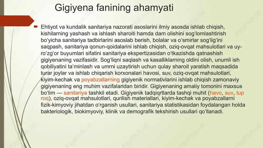 ab ish faoliyatini belgilash va asta-sekin oshira borish hamda charchashning oldini olish tadbirlarini koʻrish asosiy masala hisoblanadi. shunga asosan bogʻcha, maktab yoshidagi bolalarning yoshiga mos keladigan kun tartibi joriy qilinadi. oʻsib kelayotgan organizmning xususiyatlarini hisobga olgan holda, maktab oʻquvchilarining mashgʻulot tartibi ularning yoshiga qarab turlicha belgilanadi. uyda dars tayyorlashga ajratilgan vaqt 1sinf oʻquvchilari uchun 1— 1,5 soat, 3—4 sinf oʻquvchilari uchun 1,5—2 soat, 5—6 sinf oʻquvchilari uchun 2 soat, 7—8 sinf oʻquvchilari uchun 2,5—3 soat, 9—10 sinf oʻquvchilari uchun 3—4 soat boʻlishi kerak. bola dars tayyorlagan vaqtda har 40—45 min.dan keyin 10—15 min. dam olishi zarur. bolalar dars tayyorlab charchamasligi uchun mashgulotlardan keyin turli oʻyin, sport, foydali mehnat bilan shugʻullanishlari yaxshi natija beradi. tashqi muhit gigiyenasi. bolalar va oʻsmirlar gigiyenasining bu qismida bolalar va oʻsmirlar muassasalari loyihasini tuzish va kurishda gigiyena tadbirlarini koʻzda tutish, jumladan ularni aholi yashaydigan joylarga qurish, xonalar yorugʻ va issiq boʻlishi, sanitariyatexnika inshootlari toʻgʻri qurilishi, toza …