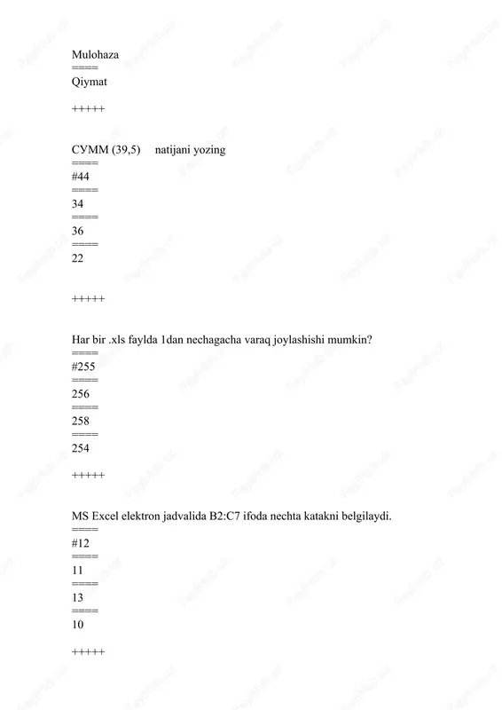 ko’rsatilgan? ==== #skaner ==== sichqoncha ==== monitor ==== printer +++++ telefon tarmog`i orqali aloqa qilish imkonini beruvchi qurilma qanday ataladi? ==== #modem ==== printer ==== audio adapter ==== plotter +++++ ms word yoki power point dasturida print buyrug`i qanday vazifani bajaradi? ==== #faylni bosmaga chiqarish (chop etish) ==== faylni o`chiradi ==== faylni ko`chiradi ==== fayl nomini o`zgartiradi +++++ microsoft power point dasturida taqdimotni namoyish etish muhitidan tahrirlash muhitiga o’tishda qaysi funksional tugmadan foydalaniladi? ==== #esc ==== alt ==== ctrl ==== tab +++++ axborot o’lchov birliklarini o’sish tartibidagisini tanlang ? ==== #bit, bayt (b), kilobayt (kb),megabayt (mb), gigabayt (gb) ==== bayt (b), kilobayt (kb), megabayt (mb), gigabayt (gt), bit ==== megabayt (mb), gigabayt (gb), bit, bayt (b), kilobayt (kb) ==== gigabayt (gb), bit, bayt (b), kilobayt (kb), megabayt (mb) +++++ microsoft word dasturida “maxsus belgi” (simvol)larni qaysi menyu orqali kiritish mumkin? ==== #vstavka ==== fayl ==== glavnaya ==== vid +++++ word …