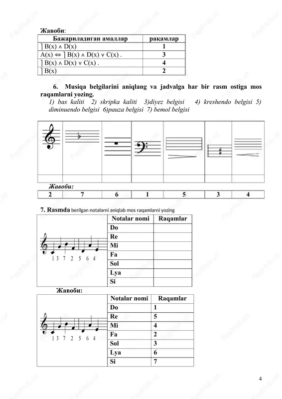 elementlardan tashkil topgan to'plam a va v to'plamlarning birlashmasi deyiladi d a \ v 5 agar bo'lsa, b\ a to'plam a to'plamning b to'plamgacha to'ldiruvchi to'plam deyiladi e = b \ a. javob: 1 - 2 - 3 - 4 - 5 - javobi: javob: 1 - c; 2 - d; 3 – v; 4 - a; 5 - e; 4. notalar bo`linishini ularning ta`rifi bilan juftlang. № ularning ta`rifi № notalar bo`linishi 1 dumaloq ichi bo`yalgan, tayoqchasi bor a butun nota 2 dumaloq ichi bo`yalgan, tayoqchasi bor, bir bayroqchasi bor b yarim nota 3 dumaloq ichi bo`yalmagan c chorak nota 4 dumaloq ichi bo`yalgan, tayoqchasi bor, ikki bayroqchasi bor d nimchorak nota 5 dumaloq ichi bo`yalmagan, bir tayoqchasi bor e 16 lik nota javob: 1 - 2 - 3 - 4 - 5 - javob: 1 - c 2 - d 3 -a 4 -e 5 -b 5. tovushlarning …