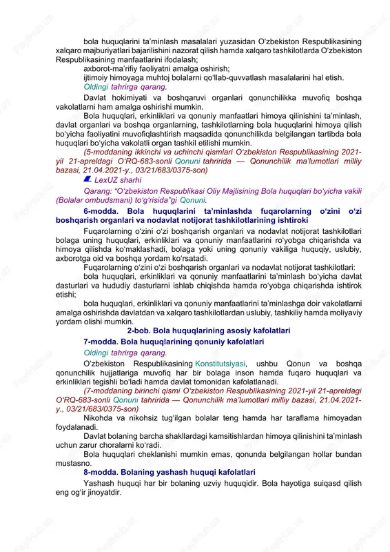 shaxsini, uning ilmiy, texnikaviy va badiiy ijodkorligini rivojlantirish; bolalar tashabbuslarini qo‘llab-quvvatlash; bolada huquqiy ong va huquqiy madaniyatni shakllantirish; bola huquqlarini ta’minlash maqsadida davlat organlari va nodavlat notijorat tashkilotlari o‘rtasida hamkorlik qilish; bola huquqlarini himoya qilish sohasida faoliyatni amalga oshiruvchi xalqaro tashkilotlar bilan hamkorlikni rivojlantirish; bolalarning ijtimoiy ko‘nikmasiga, voyaga yetmaganlar o‘rtasida huquqbuzarliklarni kamaytirishga ko‘maklashish. lexuz sharhi ma’naviy barkamol va jismoniy sog‘lom avlodni tarbiyalash ishlari samaradorligini oshirish, jismoniy imkoniyatlari cheklangan bolalar, notinch oilalar bolalari yoki ota-onalari qarovisiz qolgan bolalarning to‘liq ijtimoiy moslashuvini ta’minlash, ko‘rsatib o‘tilgan toifadagi bolalar to‘g‘risida g‘amxo‘rlik qilish zarurligini jamiyatning ma’naviy-axloqiy asoslari va negizini mustahkamlashning majburiy sharti sifatida jamoatchilik ongiga singdirish maqsadida o‘zbekiston respublikasi vazirlar mahkamasining 2004-yil 7-sentabrdagi 419-sonli qaroriga asosan o‘zbekiston xotin-qizlar qo‘mitasi huzurida respublika bolalar ijtimoiy moslashuvi markazi tashkil etilgan. o‘zbekiston respublikasi vazirlar mahkamasining 2008-yil 31-dekabrdagi 287-son qaroriga asosan respublika bolalar ijtimoiy moslashuvi markazi faoliyatini yanada takomillashtirish maqsadida o‘zbekiston xotin-qizlar qo‘mitasi huzuridagi respublika bolalar ijtimoiy moslashuvi markazi respublika …