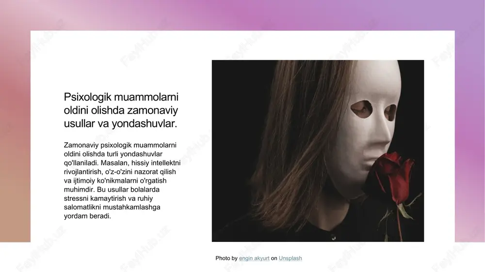 atida oila an'anaviy qiymatlarga asoslangan, bu esa bolalar tarbiyasida ijobiy ta'sir ko'rsatadi va ularga madaniyatni o'rgatadi. 3 ijtimoiy muvozanat oila ichidagi muvozanat bolalar psixologik salomatligini ta'minlaydi, bu esa ularning ijtimoiy aloqalarini va o'z-o'zini hurmat qilishini oshiradi. xulosa 1 bolalar psixologiyasida profilaktika ahamiyati bolalar psixologiyasida profilaktik faoliyat psixologik muammolarni oldini olishda muhim ahamiyatga ega. bu strategiyalar, bolalarning ruhiy salomatligini yaxshilaydi. 2 oila va maktabning roli oila va maktab bolalar psixologik rivojlanishida muhim rol o'ynaydi. ular psixologik yordam va resurslar taqdim etib, muammolarni vaqtida hal qilishlari kerak. 3 o'zbek madaniyati va rivojlanish o'zbek madaniyati bolalar tarbiyasida muhim ahamiyatga ega. an'analar va qadriyatlar bolalar psixologik rivojlanishida ijobiy ta'sir ko'rsatadi. e'tiboringiz uchun rahmat! image1.jpg image2.jpg image3.jpg /docprops/thumbnail.jpeg