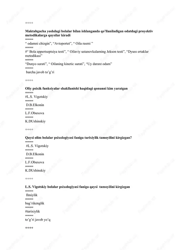 h jarayoni ==== ehtiyojlarni qondirishga imkon beradigan jarayon ==== #barcha javob to’g’ri ++++ ehtiyoj bu- ==== fiziologik hodisa ==== individdan tashqarida bo’lgan hodisa ==== individ normal hayot kechirishi, shaxsning rivojlanishi uchun kerak bo’lgan narsalarga nisbat zariratni his qilish holati ==== #b va c ++++ motiv bu- ==== ehtiyojning namoyon bo’lish shakli ==== #barcha javob to’g’ri ==== insonni faoliyatga undaydigan sabab ==== faoliyatning nimaga amalga oshirilayotganligi ++++ faoliyatning qanday darajalari mavjud? ==== maxsus faoliyat turlari darajasi va harakatlar darajasi ==== operatsiyalar darajasi va psixofiziologik funksiyalar darajasi ==== #a vab ==== to’g’ri javob yo’q ++++ yetakchi faoliyat bu- ==== taraqqiyotning muayyan davridagi faoliyat ==== bola shaxsidagi asosiy faoliyat ==== bola shaxsidagi asosiy psixologik o’zgarishlarga sabab bo’luvchi faoliyat ==== #a va c ++++ a.n leontyev fikricha shaxs necha marta tug’iladi ==== 1 ==== # 2 ==== 1- yoki 2 ==== to’g’ri javob yo’q ++++ shaxs munosabatlari konsepsiyasining asoschi qaysi qatorda to’g’ri ko’rsatilgan? ==== …