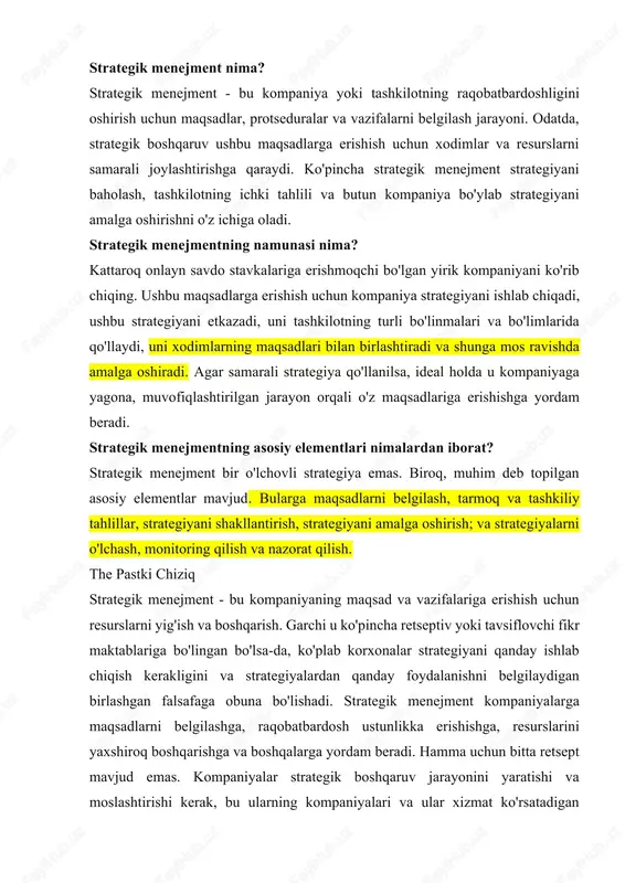 yondashuv kompaniya ushbu strategiyalarni qanday ishlab chiqishi mumkinligini tasvirlaydi. strategik menejment nima? strategik menejment - bu kompaniya yoki tashkilotning raqobatbardoshligini oshirish uchun maqsadlar, protseduralar va vazifalarni belgilash jarayoni. odatda, strategik boshqaruv ushbu maqsadlarga erishish uchun xodimlar va resurslarni samarali joylashtirishga qaraydi. ko'pincha strategik menejment strategiyani baholash, tashkilotning ichki tahlili va butun kompaniya bo'ylab strategiyani amalga oshirishni o'z ichiga oladi. strategik menejmentning namunasi nima? kattaroq onlayn savdo stavkalariga erishmoqchi bo'lgan yirik kompaniyani ko'rib chiqing. ushbu maqsadlarga erishish uchun kompaniya strategiyani ishlab chiqadi, ushbu strategiyani etkazadi, uni tashkilotning turli bo'linmalari va bo'limlarida qo'llaydi, uni xodimlarning maqsadlari bilan birlashtiradi va shunga mos ravishda amalga oshiradi. agar samarali strategiya qo'llanilsa, ideal holda u kompaniyaga yagona, muvofiqlashtirilgan jarayon orqali o'z maqsadlariga erishishga yordam beradi. strategik menejmentning asosiy elementlari nimalardan iborat? strategik menejment bir o'lchovli strategiya emas. biroq, muhim deb topilgan asosiy elementlar mavjud. bularga maqsadlarni belgilash, tarmoq va tashkiliy tahlillar, strategiyani shakllantirish, strategiyani amalga oshirish; …