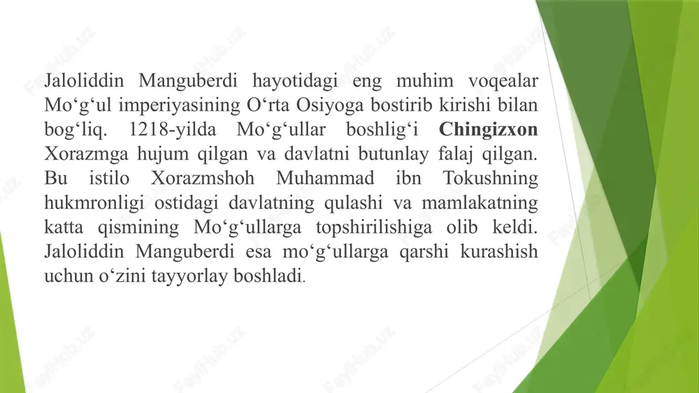 agi qarshilik jaloliddin manguberdi xorazmshoh muhammad ibn tokushning o‘g‘li bo‘lib, 1220-yilning boshlarida, uning otasi va davlat amaldorlari mo‘g‘ul istilosi vaqtida halok bo‘lganidan so‘ng, boshqaruvni qo‘lga oldi. xorazmshohlar davlatining qulashi va mo‘g‘ullarning bosqinlari natijasida jaloliddin manguberdi mamlakatning yirik qismini yo‘qotgan bo‘lsa-da, u qattiq qarshilik ko‘rsatdi va o‘zining jangovar fazilatlarini ko‘rsatib, to‘liq mag‘lubiyatdan qochishga muvaffaq bo‘ldi. jaloliddin manguberdi xorazmning qulashidan keyin, asosan, ikki yirik jangda mo‘g‘ullarga qarshi chiqdi. 1220-yilda mo‘g‘ullar xorazmni to‘liq bosib olganidan so‘ng, jaloliddin manguberdi afg‘onistonga qochdi va u yerda o‘zining yangi kuchlarini jamlab, mo‘g‘ullarga qarshi kurashni davom ettirdi. u mo‘g‘ullarni o‘zining jiddiy qarshiligi bilan ajratib turdi va turli harbiy guruhlar tuzib, isyonni boshladi. jaloliddin manguberdi, mo‘g‘ullarga qarshi kurashda harbiy strategiyalarni va taktikalarni yaxshi qo‘llagan. u o‘zining kuchli jangchilaridan tashkil topgan qo‘shinlar bilan, mo‘g‘ul qo‘shinlarining katta kuchlariga qarshi muvaffaqiyatli kurash olib borgan. uning boshchiligida, xorazm va afg‘onistonda muvaffaqiyatli qarshiliklar ko‘rsatildi. jaloliddin mo‘g‘ullarning usullariga qarshi yangi taktikalardan foydalangan, bu esa uning …