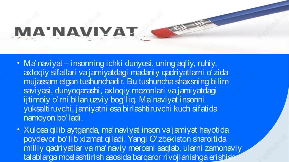 ari yoshlarni ijtimoiy hayotga jalb etish va ularning iste’dodlarini namoyish etish imkonini beradi. grantlar va stipendiyalar: iste’dodli yoshlarni qo‘llab-quvvatlash uchun maxsus davlat grantlari va xalqaro stipendiyalar joriy etilgan. 12 milliy va vatanparvarlik ruhidagi tarbiya “yoshlar ittifoqi”ning tashabbuslari: ushbu tashkilot yoshlarni milliy g‘urur, ona vatanga muhabbat ruhida tarbiyalashga qaratilgan ko‘plab loyihalarni amalga oshirmoqda. harbiy vatanparvarlik o‘quvlari: yoshlar o‘rtasida harbiy-vatanparvarlik tadbirlari orqali ularning mas’uliyat tuyg‘usini shakllantirishga alohida e’tibor qaratilmoqda. 2. zamonaviy texnologiyalar orqali ma’naviy tarbiya ijtimoiy tarmoqlarda ma’naviyat targ‘iboti: yoshlar o‘rtasida zararli ta’sirlarga qarshi kurashish va milliy qadriyatlarni targ‘ib qilish uchun maxsus platformalar tashkil etilgan. axborot xavfsizligi bo‘yicha dasturlar: yoshlarni zararli ma’lumotlardan himoya qilish uchun onlayn treninglar va ma’naviy-ma’rifiy tadbirlar o‘tkazilmoqda. 13 xulosa: yangi o‘zbekistonda ma’naviy o‘zgarishlarning jamiyatga ta’siri. yangi o‘zbekistonda amalga oshirilayotgan ma’naviy o‘zgarishlar jamiyatning barcha jabhalarida sezilarli ijobiy o‘zgarishlarni keltirib chiqarmoqda. milliy qadriyatlarni tiklash va rivojlantirish, yoshlar tarbiyasini yuksaltirish, madaniyat va san’atni ommalashtirish, diniy bag‘rikenglikni mustahkamlash kabi tashabbuslar jamiyatni ma’naviy, …