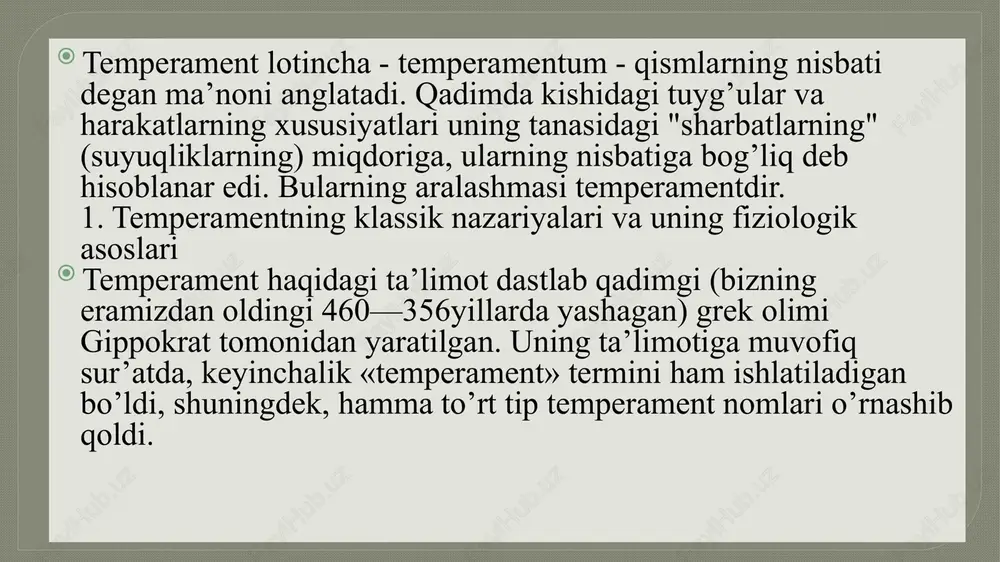 q kishilardir. asteniklarning tana va yuz terisi noziq, elkasi tor, yassi, mushaklari yaxshi rivojlanmagan. 2. atletik tip - skelet va mushaklar yaxshi rivojlangan, o`rtachadan yuqori, baland bo`yli, keng elkali, kuchli ko`krak qafasli, boshini tik tutib yuradigan kishilardir. 3. piknik tip - bosh, ko`krak qafasi va qorin bo`shligi yaxshi rivojlangan, semirishga moyil, tayanch - harakat a`zolari yaxshi rivojlanmagan kishilardir. e. krechmer mazkur tiplar bilan ayrim ruxiy kasalliklar o`rtasida muvofiqlik bor, degan fikrni ilgari suradi. masalan, atletik va astenik tiplar shizofreniyaga moyilroq deb hisoblaydi. e. krechmer tipologiyasi hayotiy kuzatishlar asosida xulosalar chiqarish orqali tuzilgan bo`lsa ham kamchiliklarga ega. ba`zi ilmiy tadqiqotlar ma`lum tana tuzilishiga ega kishilar ruxiy kasalliklarga moyil ekanligini aniqladi va xarakter aktsentuatsiyasi haqidagi fikrlarni ilgari surish imkonini berdi. nemis psixiatri k. leongard fikricha, 20 - 50 % kishilarda ba`zi xarakter xususiyatlari shu darajada kuchliki, ba`zan bir xil tipdagi ziddiyat va hissiy portlashlarga olib kelishi mumkin. xarakter aktsentuatsiyasi - biror xususiyatning …