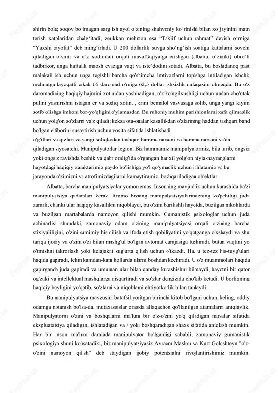ayrim bemorlarda tashxis qo'yish va o'zgarishlarni amalga oshirish imkonini beradi. bundan tashqari, u har doim psixiatrik terapiyaning etarli maqsadi deb hisoblangan o'rtacha faoliyat holatiga emas, balki aktuallashtirishga harakat qilishni mantiqan rag'batlantiradi. aktualizatsiya manipulyatsiyaga qarama-qarshidir. men doktor shostromni faqat terapevt o'z-o'zini amalga oshirishni o'z-o'zini imidjini aktuallashtirishdan farqlashi bilan to'ldirmoqchiman. birinchi holda, bemor kim bo'ladi - u o'zining noyob o'ziga xosligini kashf etadi va keyin unga bo'lishga jur'at etadi. o'zining imidjini yangilamoqchi bo'lgan odam o'ziga aylanmasdan, qandaydir soxta idealni amalga oshirishga harakat qiladi. ushbu kitobdagi yana ikkita klinik jihatdan qimmatli mavzular, menimcha, 4-bobda taqdim etilgan bo'lib, u aloqa bilan bog'liq, gestalt terapiyasida alohida rol o'ynaydigan konstruksiya va mavjud bo'lgan barcha kasalliklarni tasniflaydigan 15-bob. 10 o'lchovlar yoki parametrlar uchun terapevtik tizimlar. menimcha, bu ikkala bob ham yangi ishlanmalarni o'zlashtiradigan har qanday klinisyenni qiziqtiradi. xulosa qilib shuni aytmoqchimanki, bu yaxshi kitob. bu mutaxassislar uchun ham, keng kitobxonlar uchun ham birdek qiziqarli bo'ladi. menimcha, oddiy …
