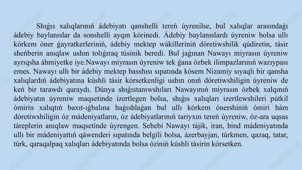 olǵan adamlardan biri bolǵanlıǵına itibar beredi hám onıń atı tariyx betlerinde máńgi saqlanıp qaladı, dep esaplaydı. aliysher nawayı árman etken kámil insan tek bilimli boliw menen qanaatlanıp qalmaydi. oni jetik insan sipatında táriyiplew ushin onda, sonday-aq, sabır-qanaat, saqıylıq, himmet, tuwrılıq, haqıyqatlıq, kishipeyillik, ádep, opadarlıq hám basqa sıpatlardıń da boliwi talap etiledi. alisher nawayınıń shıǵarmalarındaǵı farhad, shırin, layli, diloram, qays, shopur sıyaqlı unamlı qaharmanlar uluwma insanıy tárbiya tiykarında tárbiyalanǵan, kishipeyil, ádepli, ar-namislı insanlar. bul qaharmanlar arqalı jaslardı olardan úlgi alıwǵa shaqıradı.aliysher nawayınıń barlıq shıǵarmaları jaslar tárbiyası ushın áhmiyetli ǵáziyne esaplanadı. ol óz shıǵarmalarında hár bir sózden ónimli hám orınlı paydalana alǵan. hár bir hikmeti biz ushın ibratlı. aliysher nawayınıń ómiri hám miyrası jaslarda ulıwma insanıylıq pazıyletlerdi tárbiyalawda bizge hár tárepleme úlgi boladı. háziret aliysher nawayı aytqanınday: “eń bolmasa bir hárip úyretken ustazdıń haqısın júz mıń ǵáziyne menen de ótep bolmaydı”. biz olarǵa ómirlik qarızdarmız.aliysher nawayı jaslarǵa tereń bilim beriw ushın muǵallimler, …