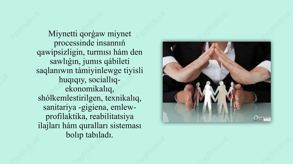 eti tárepinen tastıyıqlanadi. miynetti qorǵawdıń huqıqıy dáregi ózbekstan respublikasining konstitusiyası,ózbekstan respublikasınıń “miynett qorǵaw tuwrısında” ǵi nızamı, ózbekstan respublikası miynet kodeksiniń “miynetti qorǵaw” bapı (211-223-statyalar ) hám basqa qaǵıydalardi óz ishine aladi. miynet qáwipsizligine tiyisli ulıwma hám arnawlı qaǵıydalar ózbekstan respublikası miynet kodeksi, “miynet qáwipsizligi tuwrısında”ǵi nızamda, “puqaralardiń sawliǵini saqlaw tuwrısında”ǵi, “sanitariya qadaǵalawı tuwrısında”ǵi, “tábiyaattı qorǵaw tuwrısında”ǵi hám basqa nızamlarda, olar tiykarında islep shıǵılǵan normativ hújjetlerde belgilep qoyılǵan. kárxana tárepinen miynetti qorǵaw ushın ajıratılǵan aqshalardan tolıq yamasa maqsetke muwapıq paydalanmaslik mámleket hám finans ıntızamın qopal túrde buzıw dep bahalanadı.kárxanalarda jumisshilar jumıs beretuǵınlar esabınan baxtsız hádiyselerdan hám kásip keselliklerine shalınıwdan májburiy qamsızlandırıw etip qóyıladı. itibarıńız ushın raxmet!!! image2.jpeg image3.jpeg image4.jpeg image5.jpeg image6.jpeg image7.jpeg image8.jpeg image9.jpeg image10.png image11.jpeg image12.jpeg image13.png image14.jpeg image15.jpeg image16.jpeg image17.jpeg image18.jpeg image19.jpeg image20.png image1.png /docprops/thumbnail.jpeg