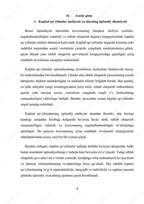 nazorat qilinishi iqtisodiy siyosatning ajralmas qismi hisoblanadi. kapital qo‘yilmalar quyidagi asosiy yo‘nalishlarga sarflanadi: · yangi ishlab chiqarish obyektlarini qurish; · mavjud ishlab chiqarish quvvatlarini kengaytirish; · texnologik uskunalarni modernizatsiya qilish; · ishlab chiqarish infratuzilmasini yaxshilash; · asosiy vositalarni ta’mirlash va qayta tiklash. kapital qo‘yilmalarning samaradorligi ko‘p jihatdan ularning moliyaviy manbalari, iqtisodiy tahlili va ulardan foydalanish darajasiga bog‘liq. shu sababli kapital qo‘yilmalarning iqtisodiy ahamiyatini to‘liq anglash uchun ularni tahlil qilish, hisobini to‘g‘ri yuritish va ularning auditini amalga oshirish zarurdir. shunday qilib, kapital qo‘yilmalar korxonaning ishlab chiqarish salohiyatini kengaytiruvchi, iqtisodiy o‘sishning barqarorligini ta’minlovchi, foydalilik darajasini oshiruvchi va milliy iqtisodiyotda muhim o‘rin tutuvchi investitsion jarayondir. ularning mazmunini chuqur o‘rganish va tahlil qilish kurs ishining asosiy maqsadlaridan biri hisoblanadi. har qanday davlat iqtisodiyotining rivojlanishida kapital qo‘yilmalar alohida ahamiyatga ega. chunki kapital qo‘yilmalarsiz ishlab chiqarishni modernizatsiya qilish, yangi texnologiyalarni joriy etish, yangi ishlab chiqarish obyektlarini yaratish yoki mavjudlarini kengaytirish mumkin emas. kapital qo‘yilmalar iqtisodiyotning investitsion …