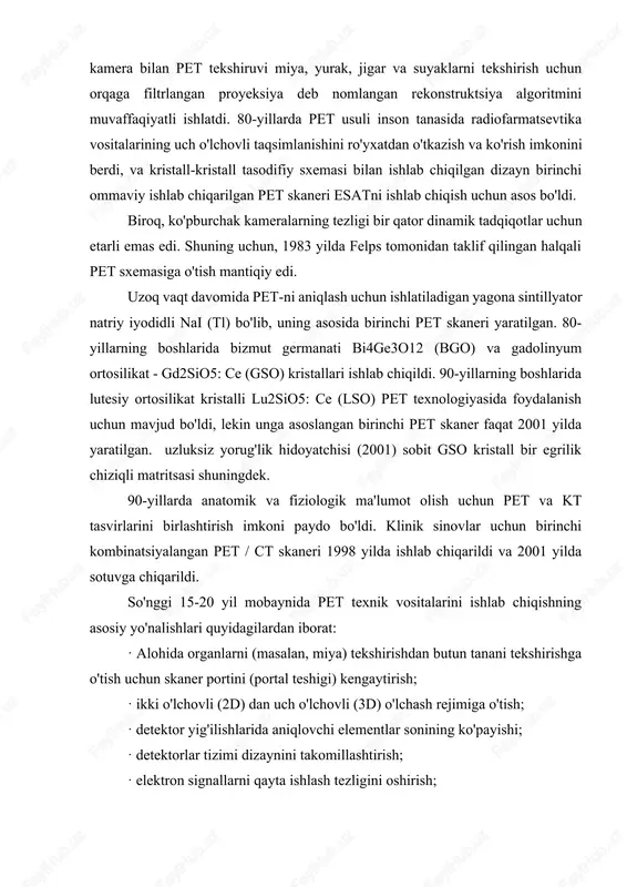 ashganda sodir bo'ladi. pozitron emissiya tadqiqotlarida ishlatiladigan radiofarmatsevtika turli metabolik jarayonlarda ishtirok etadigan moddalardir. yadroviy tibbiyot uchun radiofarmatsevtika ishlab chiqarishda ba'zi atomlar o'z izotoplari bilan almashtiriladi. pozitron emissiya tomografiyasida ishlatiladigan radiofarmatsevtikalarning o'ziga xos xususiyati shundaki, ularni ishlab chiqarishda qisqa muddatli radioizotoplar qo'llaniladi, ular o'rganish maydonchasiga yaqin joyda ishlab chiqarilishi kerak. evropada radiofarmatsevtika vositalarini pozitron emissiya tomografiyasi uchun ularni ishlab chiqariladigan joylardan tezkor yetkazib berish bo'yicha maxsus xizmatlar mavjud. radiofarmatsevtika vositalarini ishlab chiqarish uchun ixtisoslashtirilgan tibbiy siklotronlar va radiofarmatsevtika laboratoriyalari qo'llaniladi. birinchi klinik pozitron emissiya tomografiyasi skanerlari o'tgan asrning 70-yillarida paydo bo'ldi, ammo faqat 70-yillarning oxiriga kelib tomograflarning birinchi tijorat modellari paydo bo'ldi. birinchi qurilmalar oz sonli detektorlar bilan jihozlangan. bir vaqtning o'zida bir nechta bo'laklar uchun ma'lumot to'plash mumkin bo'lmadi, bo'laklarning qalinligi katta edi. ammo pet ma'lumotlariga ko'ra anatomik tuzilmalarni batafsil yoritish qobiliyatining yo'qligi ham klinikalarda texnikaning tarqalishini kechiktira olmadi. ushbu usul tanlangan metabolik davrlar asosida chinakam funktsional tasvirlarni olish …