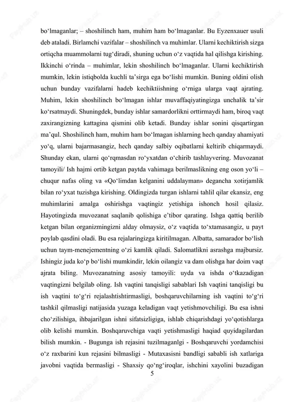 yo‘li – chuqur nafas oling va «qo‘limdan kelganini uddalayman» degancha xotirjamlik bilan ro‘yxat tuzishga kirishing. oldingizda turgan ishlarni tahlil qilar ekansiz, eng muhimlarini amalga oshirishga vaqtingiz yetishiga ishonch hosil qilasiz. hayotingizda muvozanat saqlanib qolishiga e’tibor qarating. ishga qattiq berilib ketgan bilan organizmingizni alday olmaysiz, o‘z vaqtida to‘xtamasangiz, u payt poylab qasdini oladi. bu esa rejalaringizga kiritilmagan. albatta, samarador bo‘lish uchun taym-menejementning o‘zi kamlik qiladi. salomatlikni asrashga majbursiz. ishingiz juda ko‘p bo‘lishi mumkindir, lekin oilangiz va dam olishga har doim vaqt ajrata biling. muvozanatning asosiy tamoyili: uyda va ishda o‘tkazadigan vaqtingizni belgilab oling. ish vaqtini tanqisligi sabablari ish vaqtini tanqisligi bu ish vaqtini to‘g‘ri rejalashtishtirmasligi, boshqaruvchilarning ish vaqtini to‘g‘ri tashkil qilmasligi natijasida yuzaga keladigan vaqt yetishmovchiligi. bu esa ishni cho‘zilishiga, ihbajarilgan ishni sifatsizligiga, ishlab chiqarishdagi yo‘qotishlarga olib kelishi mumkin. boshqaruvchiga vaqti yetishmasligi haqiad quyidagilardan bilish mumkin. - bugunga ish rejasini tuzilmaganlgi - boshqaruvchi yordamchisi o‘z raxbarini kun rejasini bilmasligi - mutaxasisni …