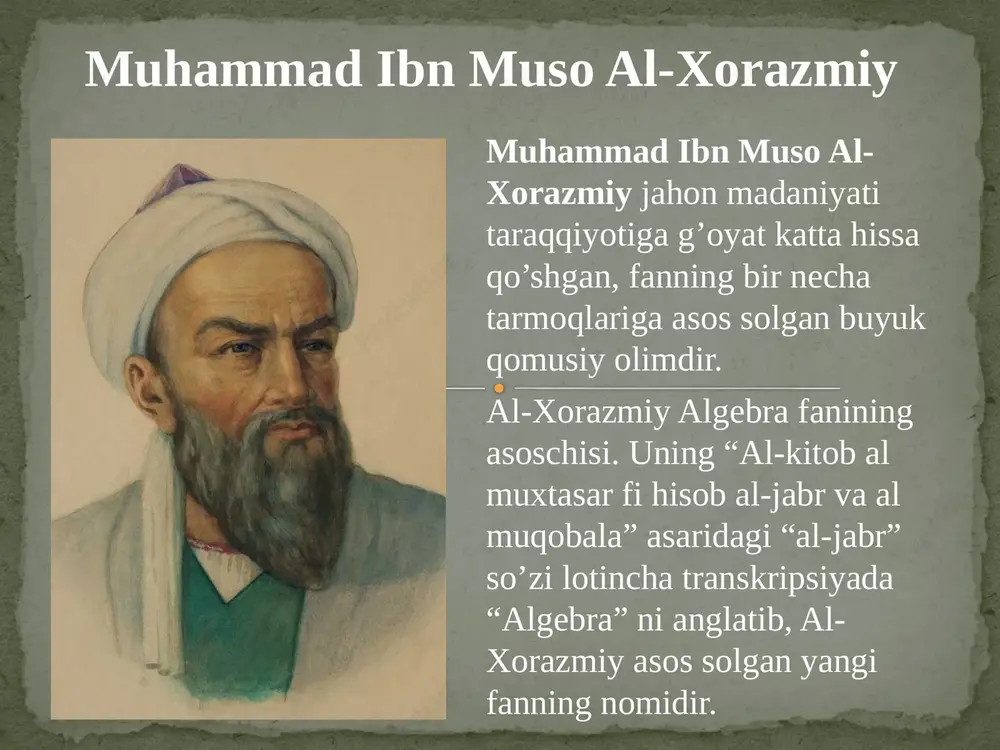 a boshchilik qildi. rasadhonadagi asboblar yordamida koinot sirlarini va yer kurrasini o'rgandi. al-xorazmiy va al-farg'oniy boshchiligidagi olimlar 1000 dan ortiq yulduzlarni tekshirdilar hamda ularning joylanish haritasini tuzdilar. yer kurrasining aylana uzunligini aniqladilar . xorazmiy "surat al-arz" ("yer suvrati") nomli kitobida afrika, osiyo va yevropa qit'alarini aniq tavsiflagan. koinot sirlarini o'rganishga oid ijodlari uning "ziji" ("astranomiya") kitobida bayin etilgan. muhammad al-xorazmiy bog'dodda vafot etdi. algebra fanining otasi sifatida shuhrat qozongan vatandoshimiz muhammad ibn muso al-xorazmiy tarix sohasida sharqda ilk asarlardan birini yaratgan. uning "kitob at-tarix" asari bizgacha turli mualliflarning asarlari tarkibida etib kelgan. buyuk ajdodi ilmiy merosini mukammal o`rgangan beruniy ham bu sohada "xorazmning mashhur kishilari" yoki "xorazm tarixi" asarini yaratib qoldirgan. bu kitob ham to`liq holda saqlanmagan. al-xorazmiy algebra fanining asoschisi. uning “al-kitob al muxtasar fi hisob al-jabr va al muqobala” asaridagi “al-jabr” so’zi lotincha transkripsiyada “algebra” ni anglatib, al-xorazmiy asos solgan yangi fanning nomidir. olimning “al-xorazmiy” nomi esa, “algoritm” …