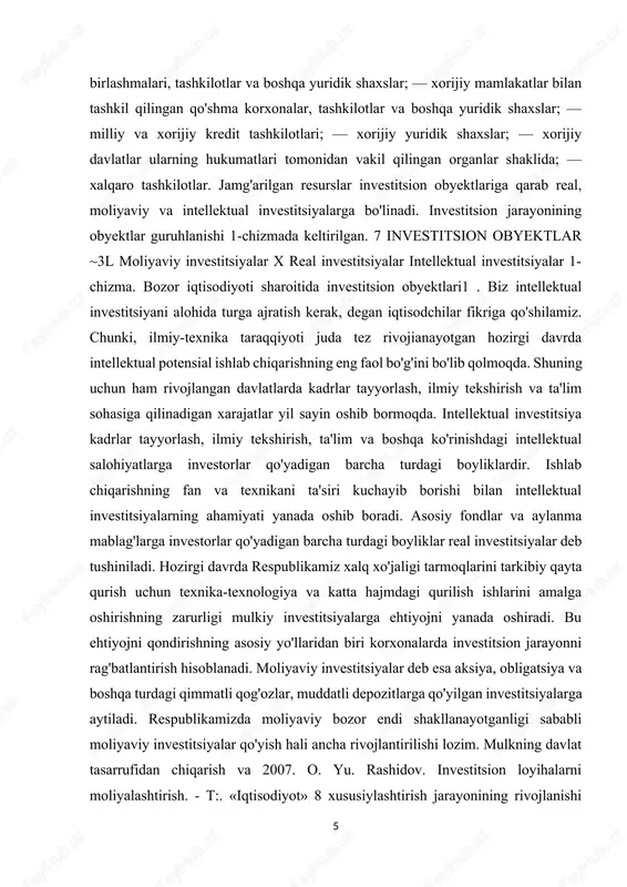 intellektual investitsiya kadrlar tayyorlash, ilmiy tekshirish, ta'lim va boshqa ko'rinishdagi intellektual salohiyatlarga investorlar qo'yadigan barcha turdagi boyliklardir. ishlab chiqarishning fan va texnikani ta'siri kuchayib borishi bilan intellektual investitsiyalarning ahamiyati yanada oshib boradi. asosiy fondlar va aylanma mablag'larga investorlar qo'yadigan barcha turdagi boyliklar real investitsiyalar deb tushiniladi. hozirgi davrda respublikamiz xalq xo'jaligi tarmoqlarini tarkibiy qayta qurish uchun texnika-texnologiya va katta hajmdagi qurilish ishlarini amalga oshirishning zarurligi mulkiy investitsiyalarga ehtiyojni yanada oshiradi. bu ehtiyojni qondirishning asosiy yo'llaridan biri korxonalarda investitsion jarayonni rag'batlantirish hisoblanadi. moliyaviy investitsiyalar deb esa aksiya, obligatsiya va boshqa turdagi qimmatli qog'ozlar, muddatli depozitlarga qo'yilgan investitsiyalarga aytiladi. respublikamizda moliyaviy bozor endi shakllanayotganligi sababli moliyaviy investitsiyalar qo'yish hali ancha rivojlantirilishi lozim. mulkning davlat tasarrufidan chiqarish va 2007. o. yu. rashidov. investitsion loyihalarni moliyalashtirish. - t:. «iqtisodiyot» 8 xususiylashtirish jarayonining rivojlanishi bilan qimmatli qog'ozlar taraqqiy etib, moliyaviy investitsiyalar qo'yish jarayoni faollashadi. bu holatlarning keng tarzda rivojlanishi va jadallashuvi natijasida iqtisodiyotimizda umumiy investitsion …