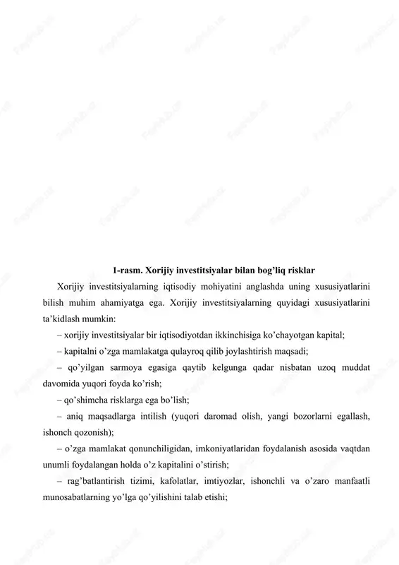 ’yish; – yangi texnologiya, zamonaviy jihozlarni, yuqori unumli uskunalarni qo’lga kiritish; – yangi ish joylarini tashkil etish va aholi bandligini ta’minlash; – ixcham, amalga oshirilgan xarajatlarni tez sur’atlar bilan qoplaydigan, yuqori samara beradigan korxonalarni qurish; – zamon darajasida yuqori mehnat unumdorligiga erishish, mahsulot tannarxini pasaytirish, o’z manfaatlariga erishish; – qo’shma korxonalar tuzish, ilg’or tajribaga ega bo’lish, boshqaruvni, raqobatni to’g’ri yo’lga qo’yish; – bozor talabini qoniqtiradigan mahsulot (xizmatlarni) etishtirish; – ishlab chiqarilgan mahsulot sifati va raqobatbardoshligini dunyo bozori talablariga javob beradigan qilib etkazish; – tadbirkorlik faoliyatini samarali tashkil etish va uni yanada kengaytirish imkoniyatlarini qo’lga kiritish; – jahon bozorida o’zining mustahkam mavqeni egallash; – daromadni ko’paytirish, yuqori samaraga erishish, sarf etilgan mablag’larni hech qanday talofat va yo’qotishlarsiz tez fursatda qoplash; – mamlakat eksport imkoniyatlarini kengaytirish va jahon bozorida «qattiq» valyuta ishlab topishni o’rganish; – mamlakat xazinasini to’ldirish; – ichki, tashqi bozorda olib chiqiladigan mahsulotlar (ish, xizmat)ga bo’lgan talabni qondirish; – milliy …