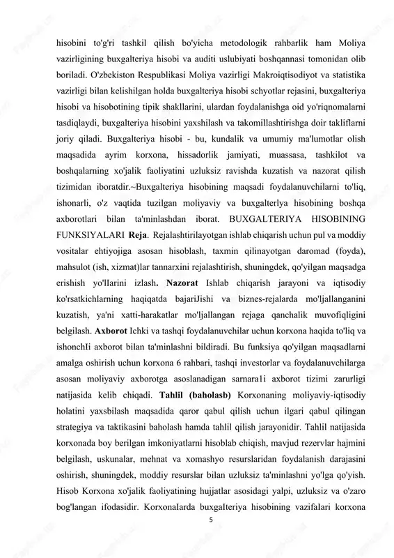 iyaviy va buxgalterlya hisobining boshqa axborotlari bilan ta'minlashdan iborat. buxgalteriya hisobining funksiyalari reja. rejalashtirilayotgan ishlab chiqarish uchun pul va moddiy vositalar ehtiyojiga asosan hisoblash, taxmin qilinayotgan daromad (foyda), mahsulot (ish, xizmat)lar tannarxini rejalashtirish, shuningdek, qo'yilgan maqsadga erishish yo'liarini izlash. nazorat ishlab chiqarish jarayoni va iqtisodiy ko'rsatkichlarning haqiqatda bajarijishi va biznes-rejalarda mo'ljallanganini kuzatish, ya'ni xatti-harakatlar mo'ljallangan rejaga qanchalik muvofiqligini belgilash. axborot ichki va tashqi foydalanuvchilar uchun korxona haqida to'liq va ishonchii axborot bilan ta'minlashni bildiradi. bu funksiya qo'yilgan maqsadlarni amalga oshirish uchun korxona 6 rahbari, tashqi investorlar va foydalanuvchilarga asosan moliyaviy axborotga asoslanadigan sarnara1i axborot tizimi zarurligi natijasida kelib chiqadi. tahlil (baholasb) korxonaning moliyaviy-iqtisodiy holatini yaxsbilash maqsadida qaror qabul qilish uchun ilgari qabul qilingan strategiya va taktikasini baholash hamda tahlil qilish jarayonidir. tahlil natijasida korxonada boy berilgan imkoniyatlarni hisoblab chiqish, mavjud rezervlar hajmini belgilash, uskunalar, mehnat va xomashyo resurslaridan foydalanish darajasini oshirish, shuningdek, moddiy resurslar bilan uzluksiz ta'minlashni yo'lga qo'yish. hisob …