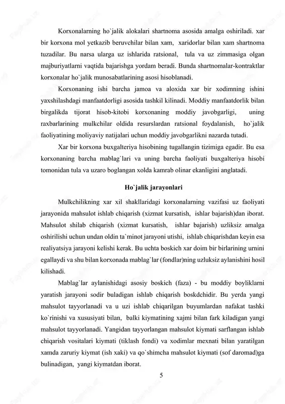 chilikning xar xil shakllaridagi korxonalarning vazifasi uz faoliyati jarayonida mahsulot ishlab chiqarish (xizmat kursatish, ishlar bajarish)dan iborat. mahsulot shilab chiqarish (xizmat kursatish, ishlar bajarish) uzliksiz amalga oshirilishi uchun undan oldin ta`minot jarayoni utishi, ishlab chiqarishdan keyin esa realiyatsiya jarayoni kelishi kerak. bu uchta boskich xar doim bir birlarining urnini egallaydi va shu bilan korxonada mablag`lar (fondlar)ning uzluksiz aylanishini hosil kilishadi. mablag`lar aylanishidagi asosiy boskich (faza) - bu moddiy boyliklarni yaratish jarayoni sodir buladigan ishlab chiqarish boskdchidir. bu yerda yangi mahsulot tayyorlanadi va u uzi ishlab chiqarilgan buyumlardan nafakat tashki ko`rinishi va xususiyati bilan, balki kiymatining xajmi bilan fark kiladigan yangi mahsulot tayyorlanadi. yangidan tayyorlangan mahsulot kiymati sarflangan ishlab chiqarish vositalari kiymati (tiklash fondi) va xodimlar mexnati bilan yaratilgan xamda zaruriy kiymat (ish xaki) va qo`shimcha mahsulot kiymati (sof daromad)ga bulinadigan, yangi kiymatdan iborat. ishlab chiqarish jarayonini buxgalteriya hisobida aks ettirishda, birinchidan, ishlab chiqarishga kilingan xarajatlar sarflangan ishlab chiqarish vositalari (mexnat …